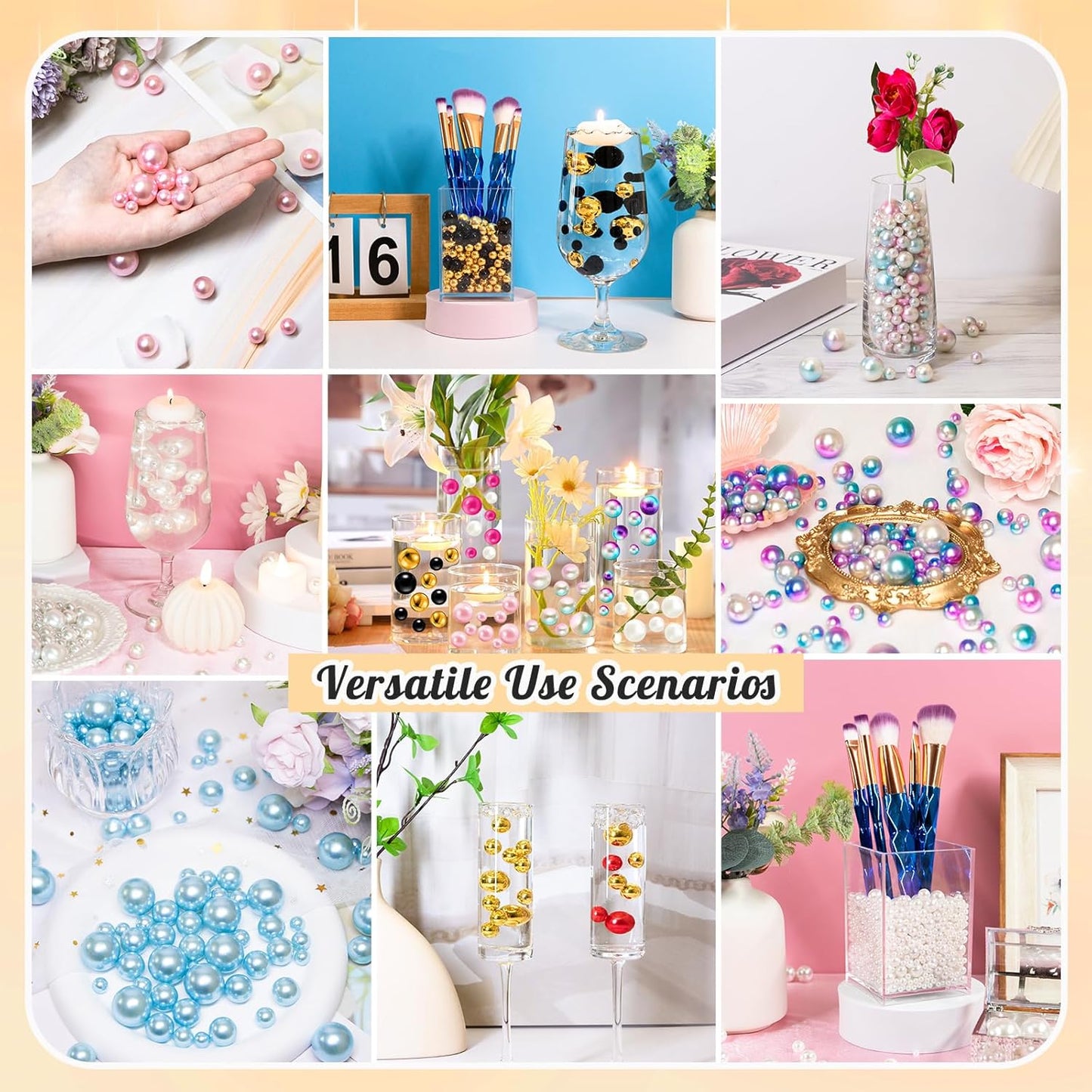 300Pcs Pearl Vase Filler, White No Hole Faux Pearl Beads for Centerpieces Vases, Candle Centerpieces, Wedding Birthday Party Home Decor 8/10/14/20mm