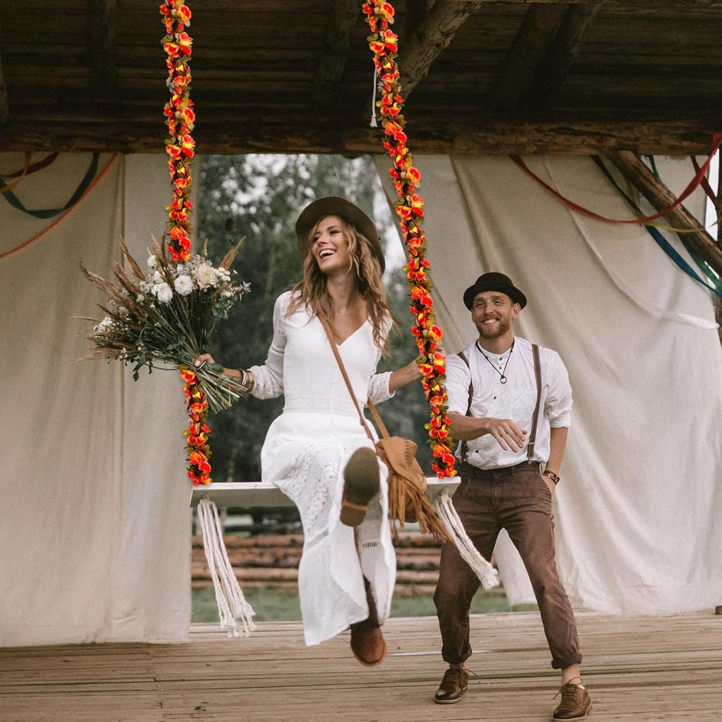 16Pcs 126Ft Orange Rose Garland, Fake Rose Hanging Flowers, Artificial Flower Vine, Hanging Floral Vine Garland for Wedding, Birthday Party, Wall Arch, Halloween, Christmas Garden Backdrop Decor