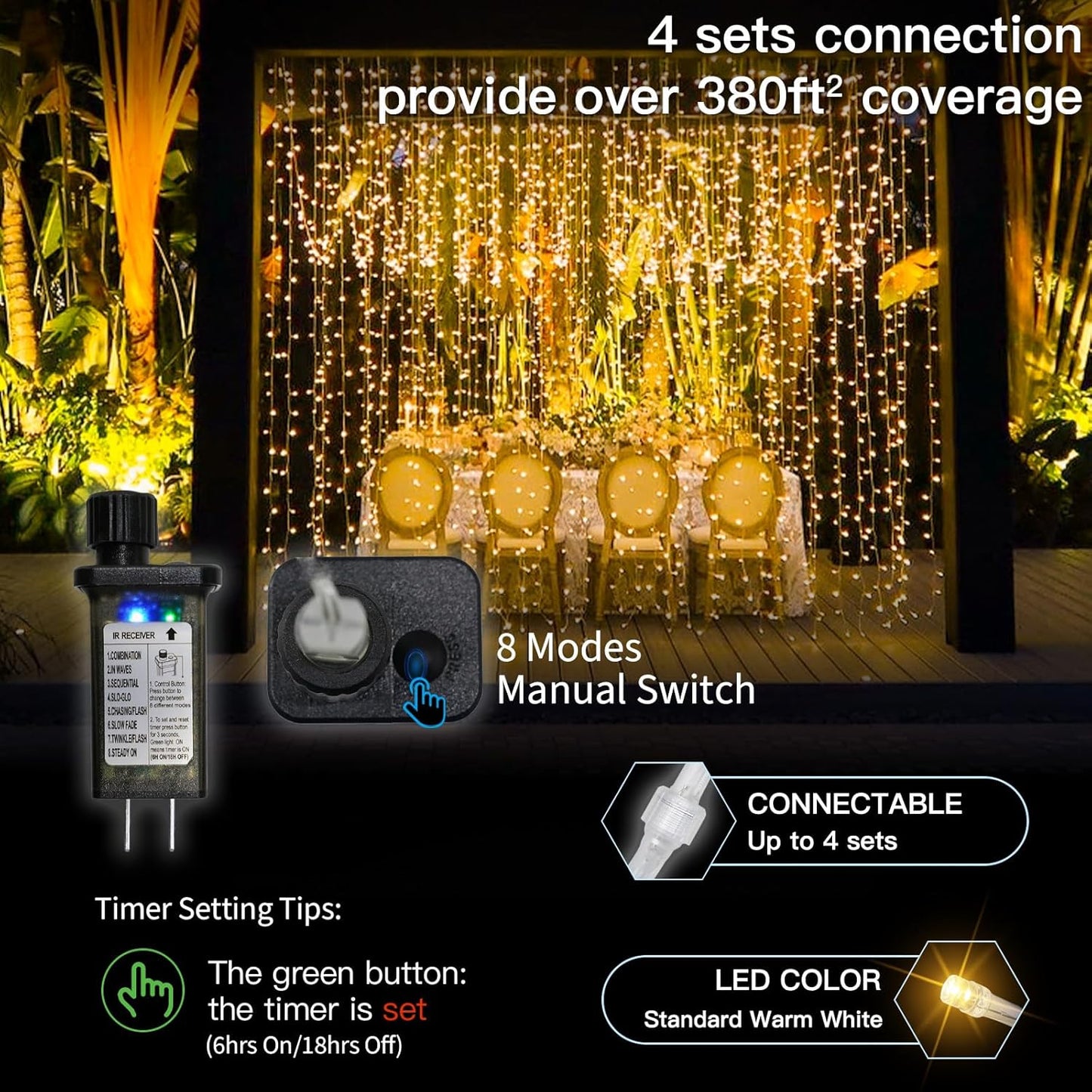 suddus Curtain Lights for Bedroom, 300 Led 9.8x9.8ft Hanging String Lights Outdoor, Fairy Curtain Lights Indoor for Christmas, Dorm, Wall, Backdrop, Window, Wedding, Party, Birthday Decor, Warm White