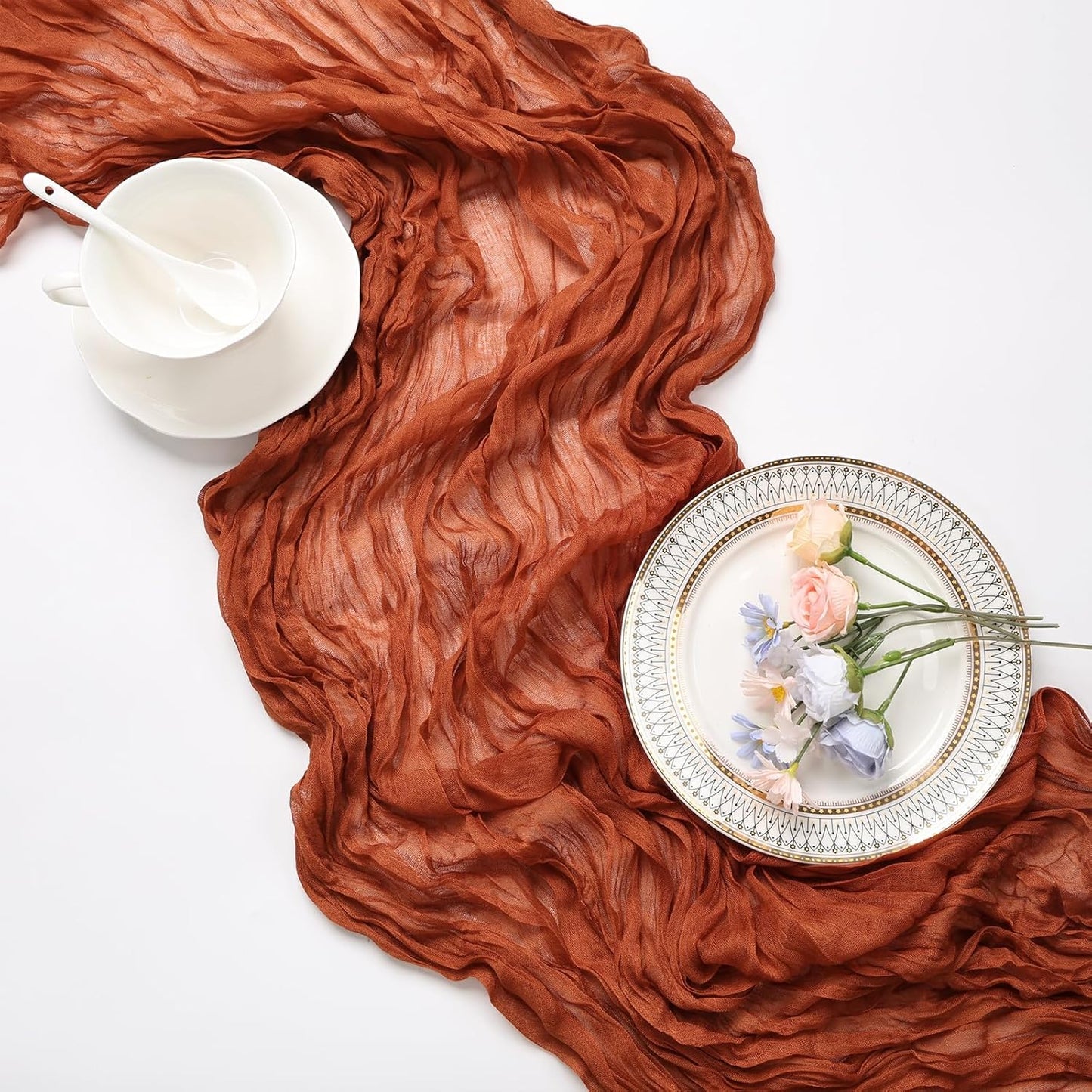 6 Pack Fall Thanksgiving Table Runner Terracotta Cheesecloth 10ft Boho Gauze Fabric Cheese Cloth Burnt Orange Table Runner 35 x 120 Inch Rustic Sheer for Wedding Décor Party Centerpiece Decoration