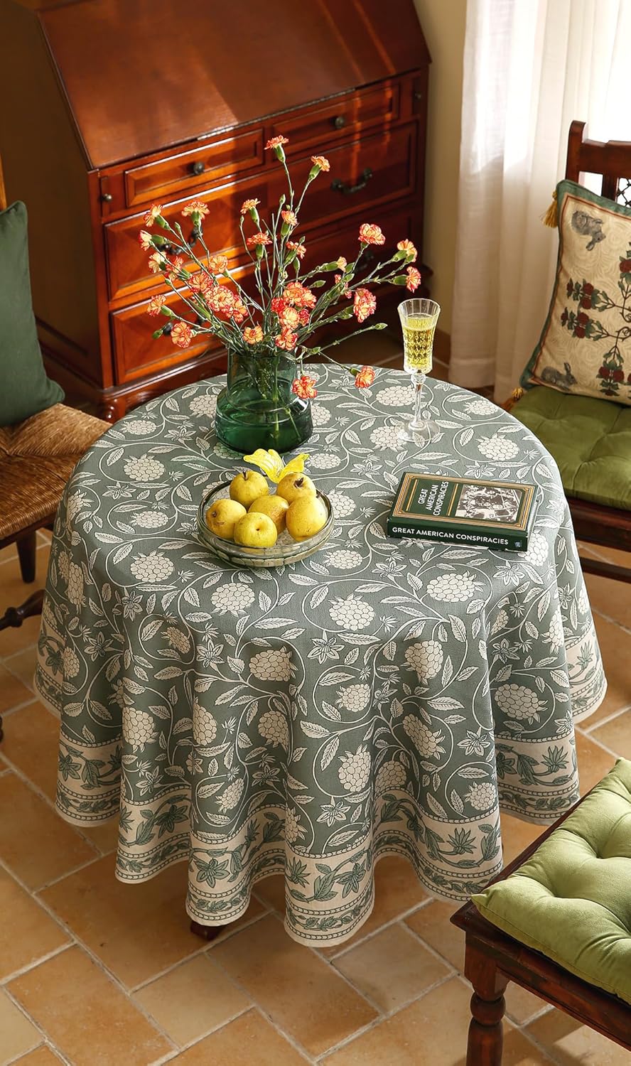 ISAENNE Designer Grayish Green Linen Round Tablecloth,Floral Elegant Stain Resistant Table Cloth,Fall Vintage Decor Tablecloths for Dining Thanksgiving Kitchen Party,Diameter 67"-Andrew A