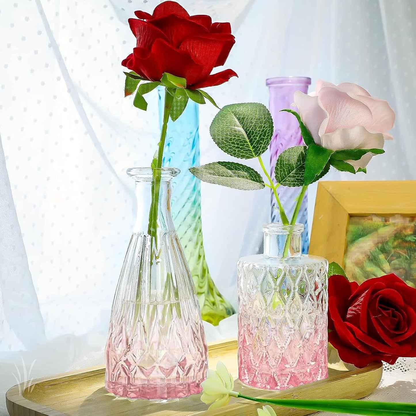 Pink Glass Bud Vases Set of 20 - Mini Vintage Vases for Wedding Decorations Home Table Flower Decor, Small Carved Design Glass for Centerpieces