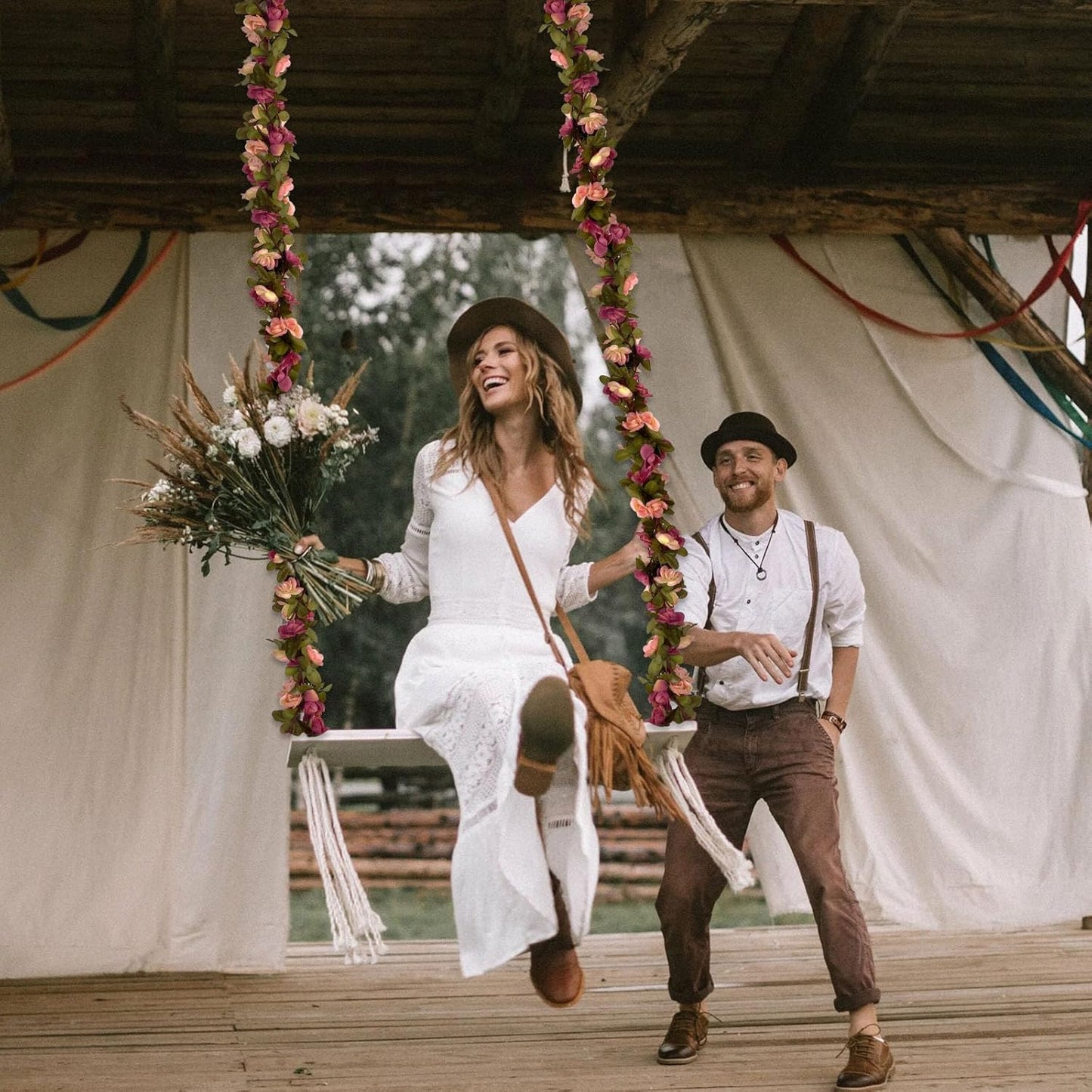 16Pcs 126Ft Dark Pink&Yellow Rose Garland, Fake Rose Hanging Flowers, Artificial Flower Vine, Hanging Floral Vine Garland for Wedding, Wall Arch, Halloween, Christmas Garden Backdrop Decor