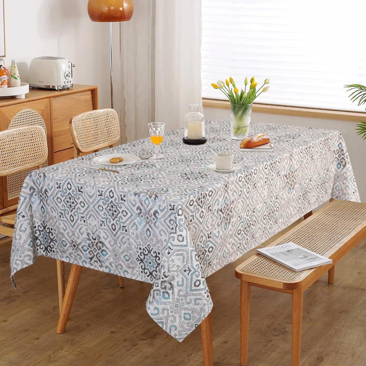 MYSKY HOME Rectangle Tablecloth 60x120 Inches -Linen Farmhouse Geometric Patterned Tablecloth Waterproof Decorative Washable Fabric Table Cloth for Kitchen Dining Moroccan Tablecloth,Grey