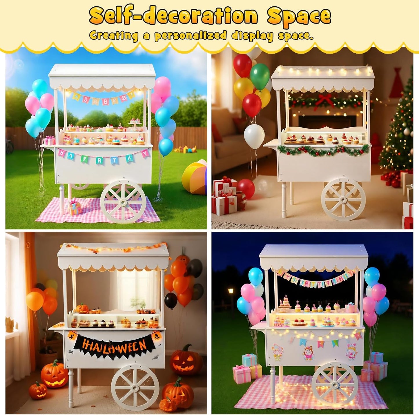 7FT Candy Cart Display Stand with Decorated Wheels, Dessert and Party Decoration Cart with 100 Ballons, Easy to Install Vintage for Parties, Birthdays, Weddings, (White)