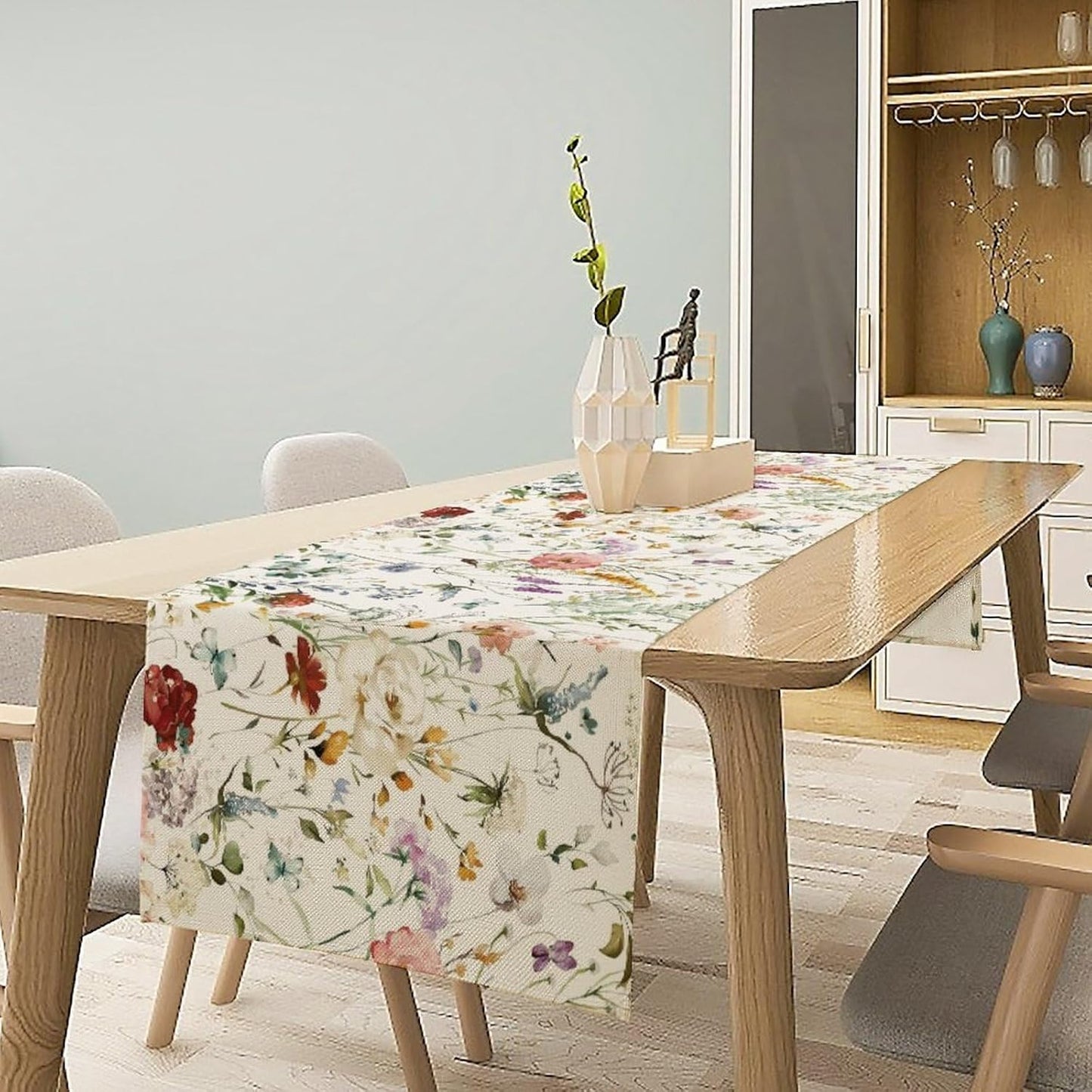 Floral Butterfly Table Runner,Rustic Colorful Flower Botanical Watercolor Pattern Print Burlap for Hotel Indoors Outdoor Dining Room Kitchen Holiday Party, 13x70in