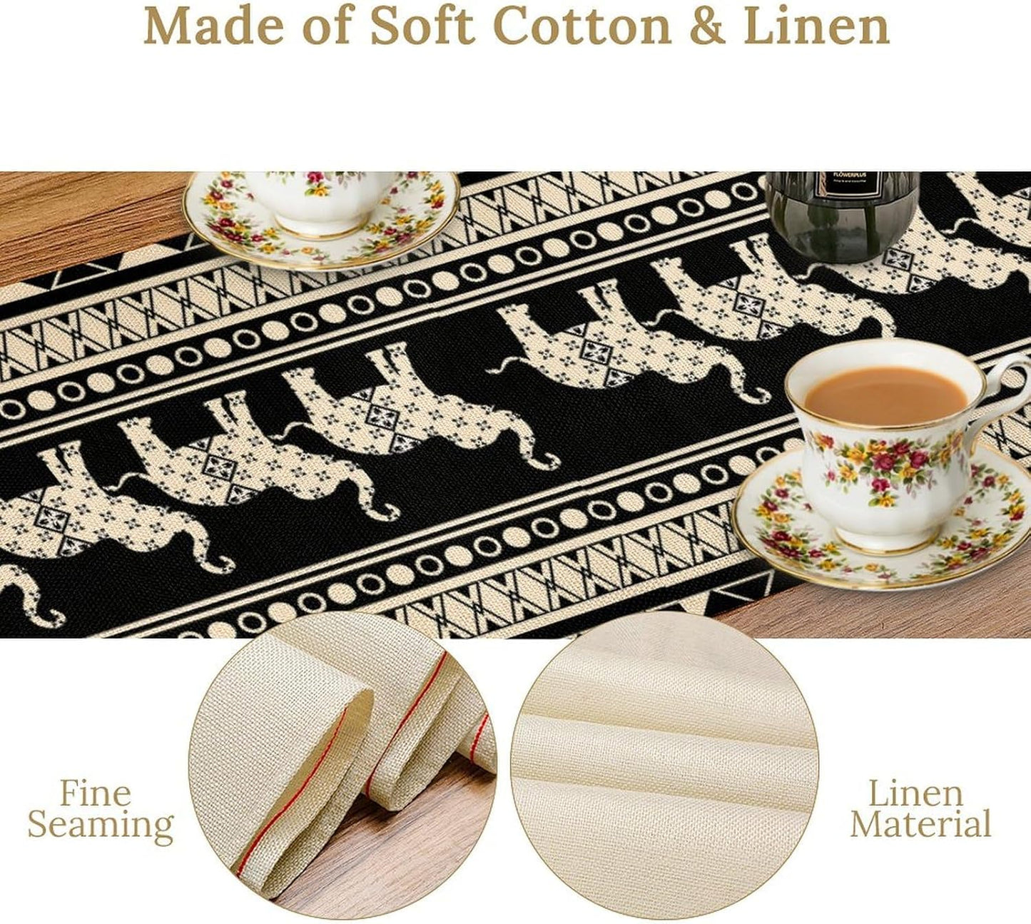 Ethnic Table Runner, Rustic Farmhouse Boho Geometric Elephant Aztec Tribal Print Black Table Center Decor for Home Kitchen Dining Patio Holiday Party Indoor Outdoor Table Decorations, 13"x90" Inch