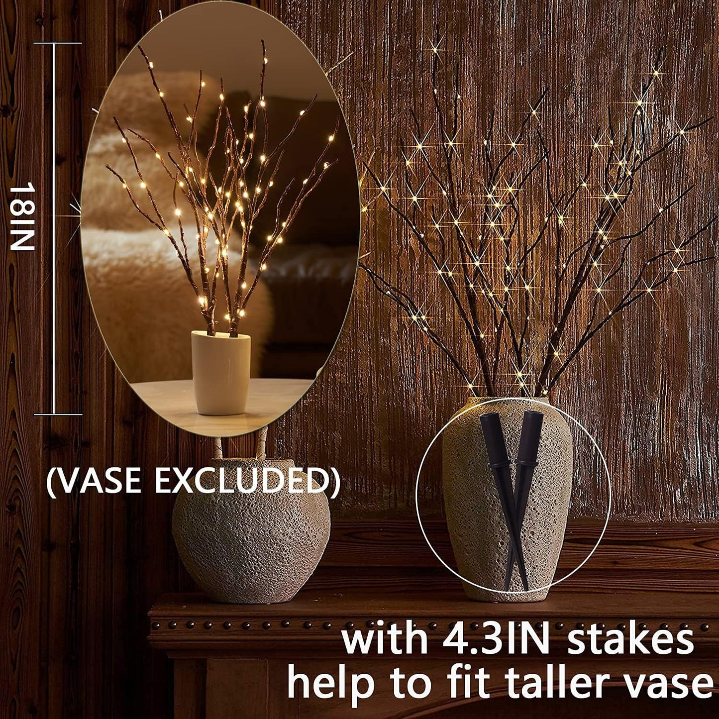 Fudios Lighted Branches with Timer 70 LED Fairy Lights 18in Battery Operated, Willow Branches with Lights for Vase Christmas Holiday Home Decor