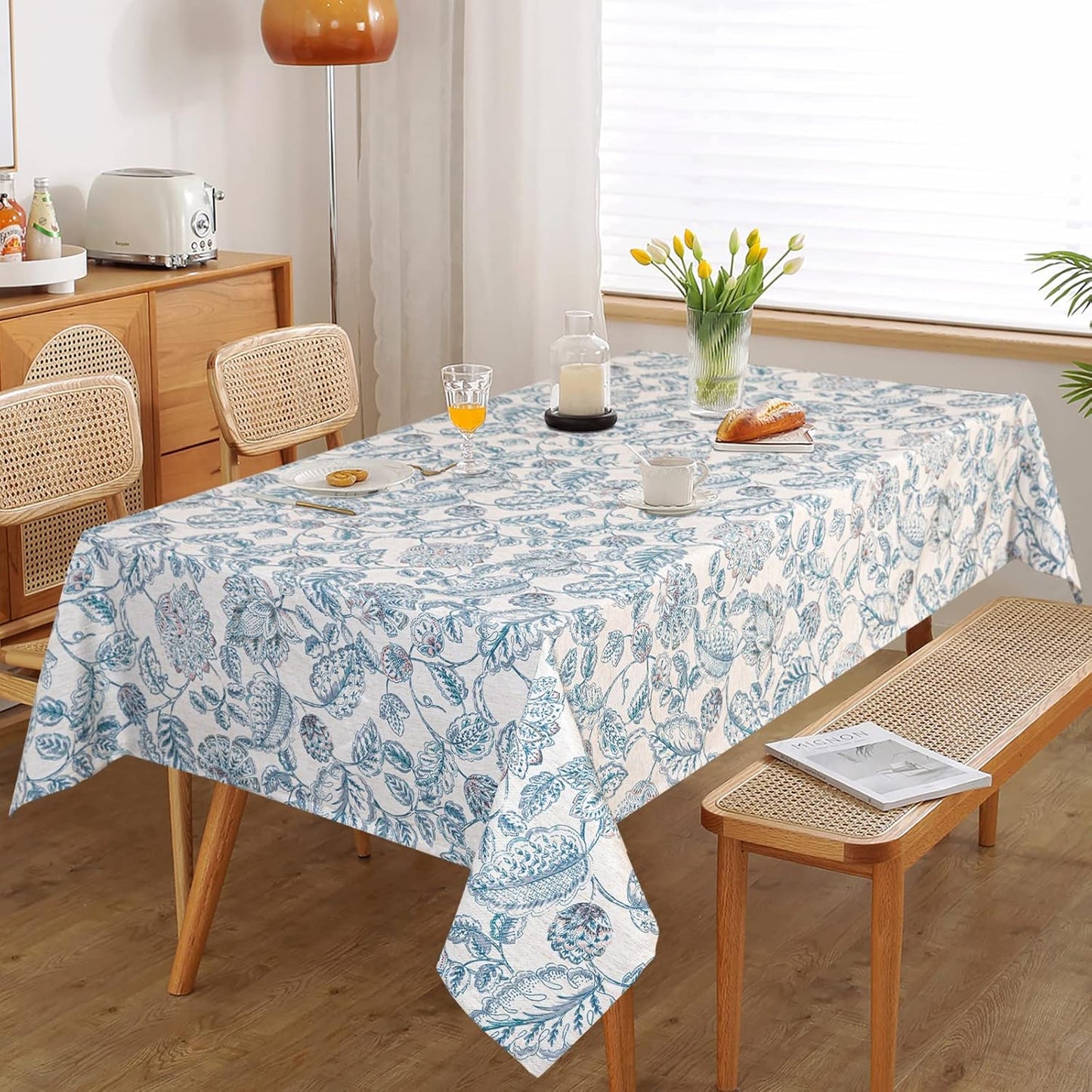 MYSKY HOME Waterproof Tablecloth Rectangle 60x84 Inch Rustic Burlap Tablecloth Spring Floral Linen Table Cover Farmhouse Decoration Rectangle/Oblong for Holiday, Dinner, Indoor and Outdoor Use, Blue