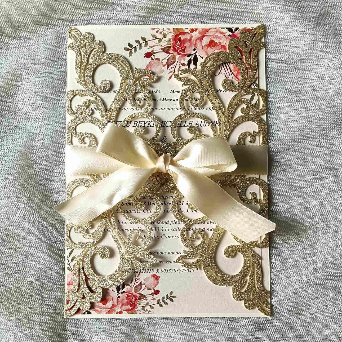 25PCS Champagne Gold Glitter Laser Cut Wedding Invitations Cards with Envelopes,Blank Inner Sheets,Ribbons for Wedding Bridal Shower Quinceañera Engagement Birthday Invites, champagne glitter