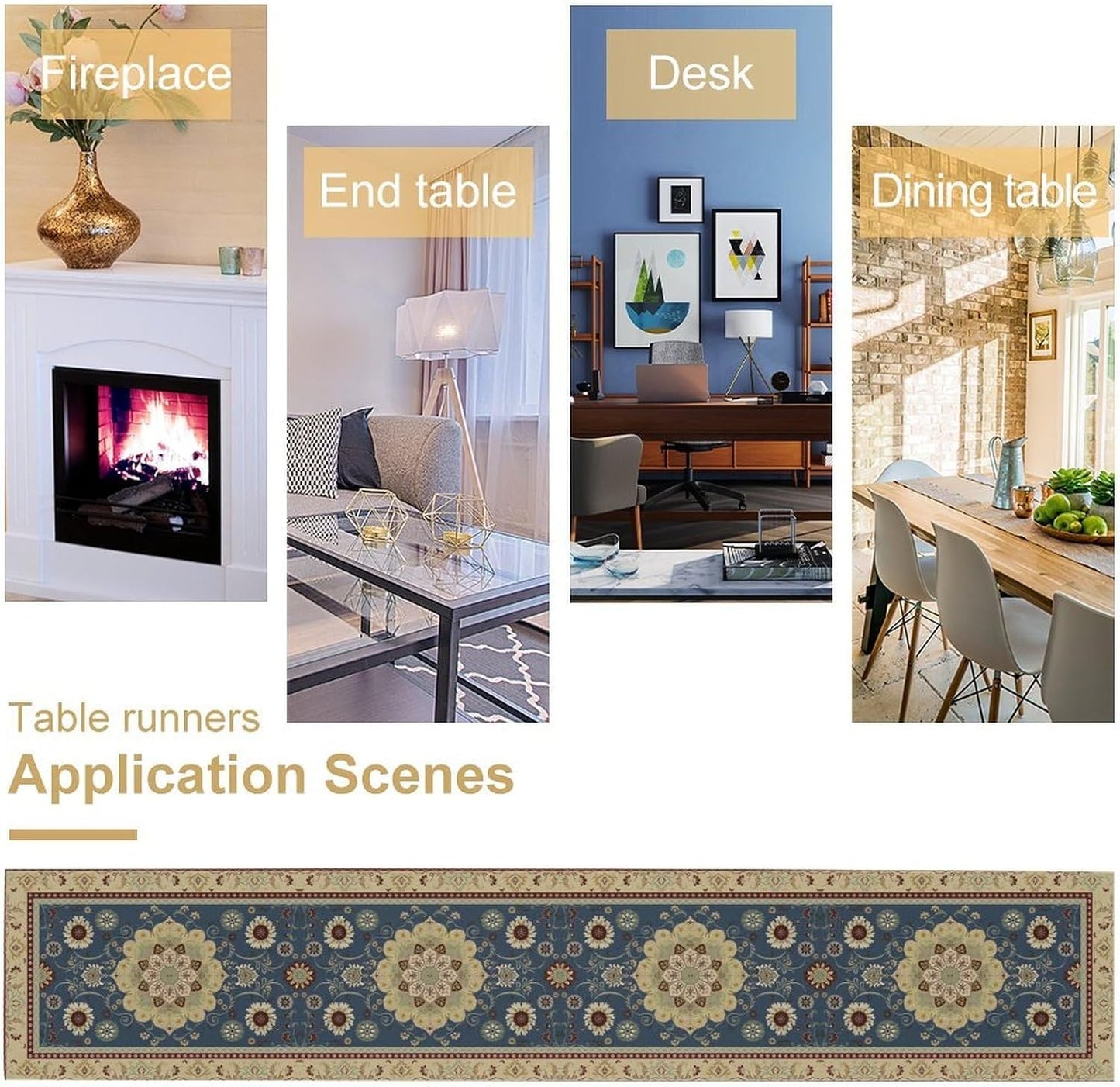 Vintage Boho Floral Table Runner, Elegant Rustic Country Farmhouse Blue Yellow Retro Flower Pattern for Home Kitchen Table Decor Dining Coffee Room Party Decor 13x72in