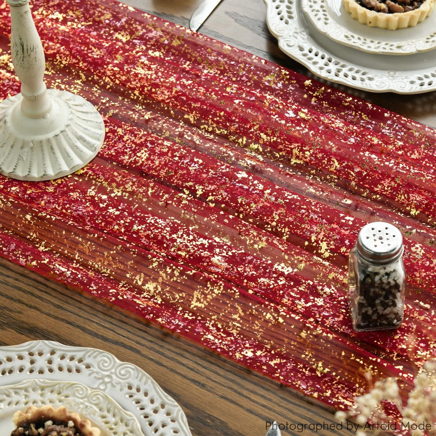 Artoid Mode 3PCS Red Gold Gauze Table Runner 120 Inch 10FT, Glitter Metallic Foil Sheer Dining Wedding Anniversary Holiday Table Decor for Home Party