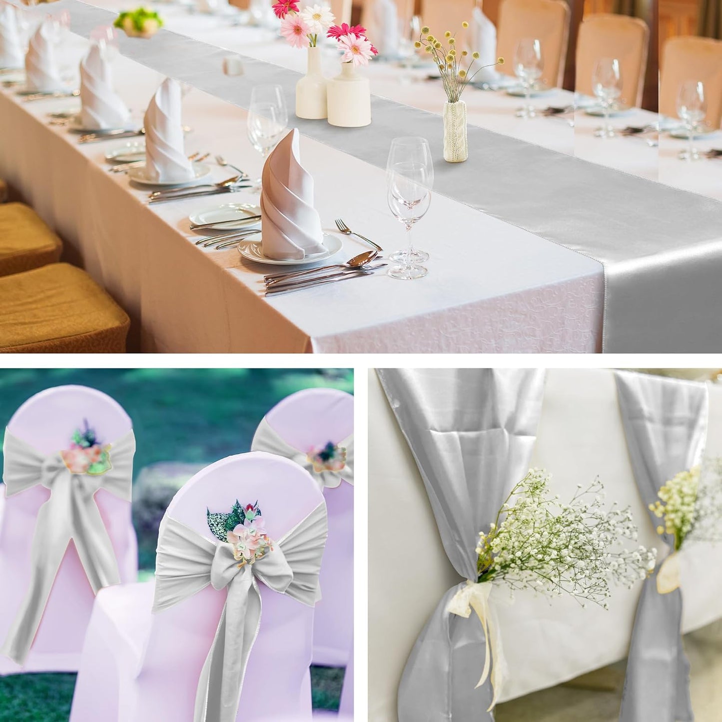 Aneco 12 Pack Satin Table Runner 12 x 108 Inch Light Silver Long Wedding Satin Silk Table Runner for Wedding Banquet Graduations Birthday Party Decoration