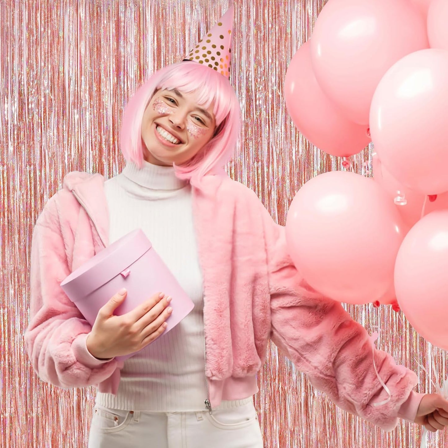 Rose Gold Foil Party Streamers 2 Pack Metallic Tinsel Fringe Curtain 3.3X 8.3ft Streamer Curtains Anniversary Thanksgiving Christmas Party Photo Booth Tinsel Curtain Streamers for Parties Decoration