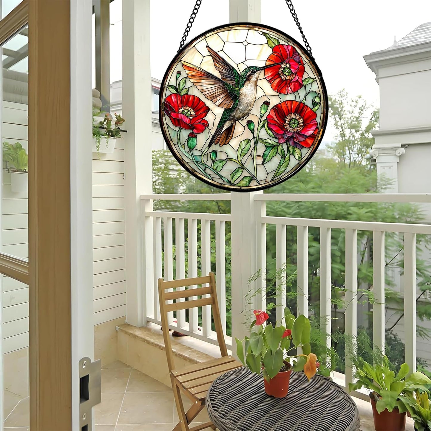 Stained Glass Window Hanging - Green Hummingbird Red Flower Suncatcher for Door Terrace Garden Home Decor Bird Landscape Sun Catcher Birthday Gifts for Lovers Women Men Dad Mom Nana 11.8 in