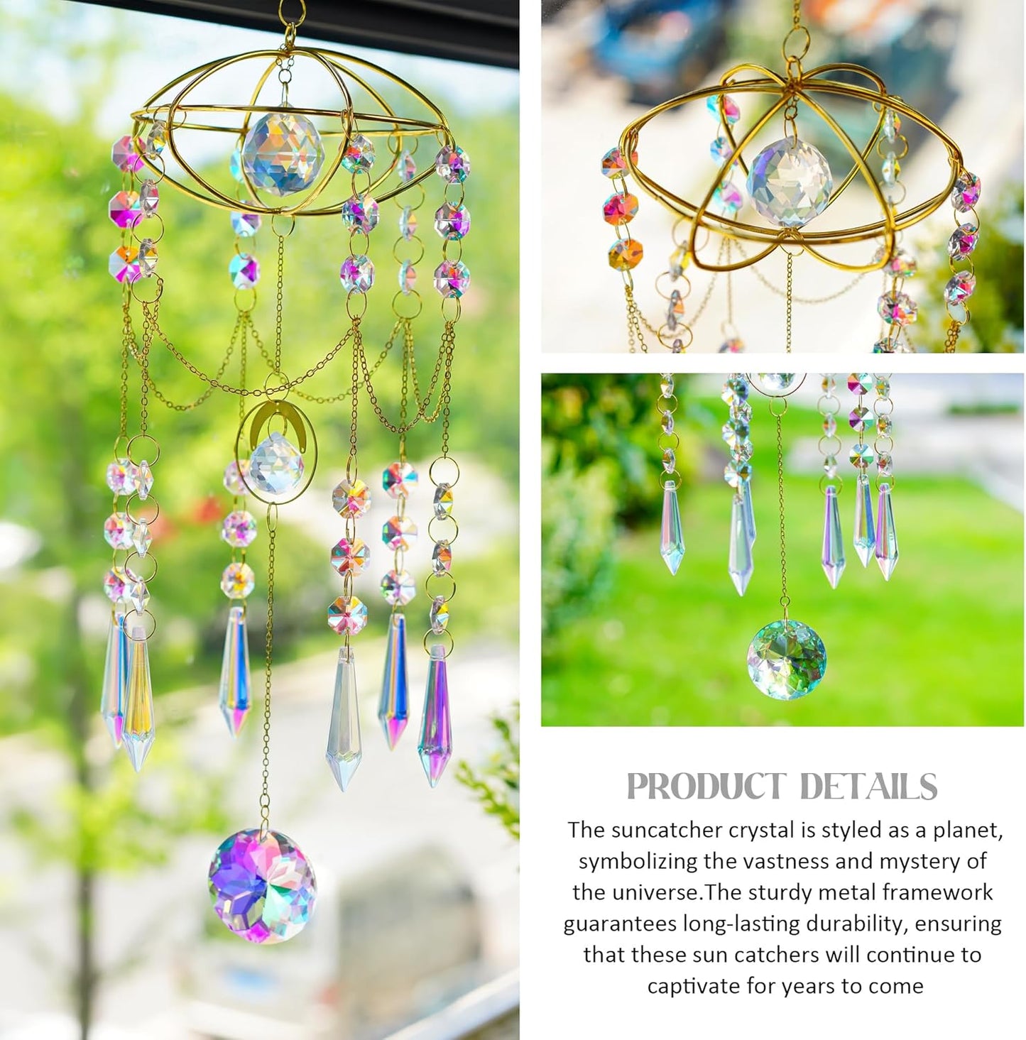 H&D HYALINE & DORA Colored Prisms Crystal Suncatcher Gold Window Sun Catcher Hanging Wind Chime Rainbow Sun Catcher for Home Garden Porch