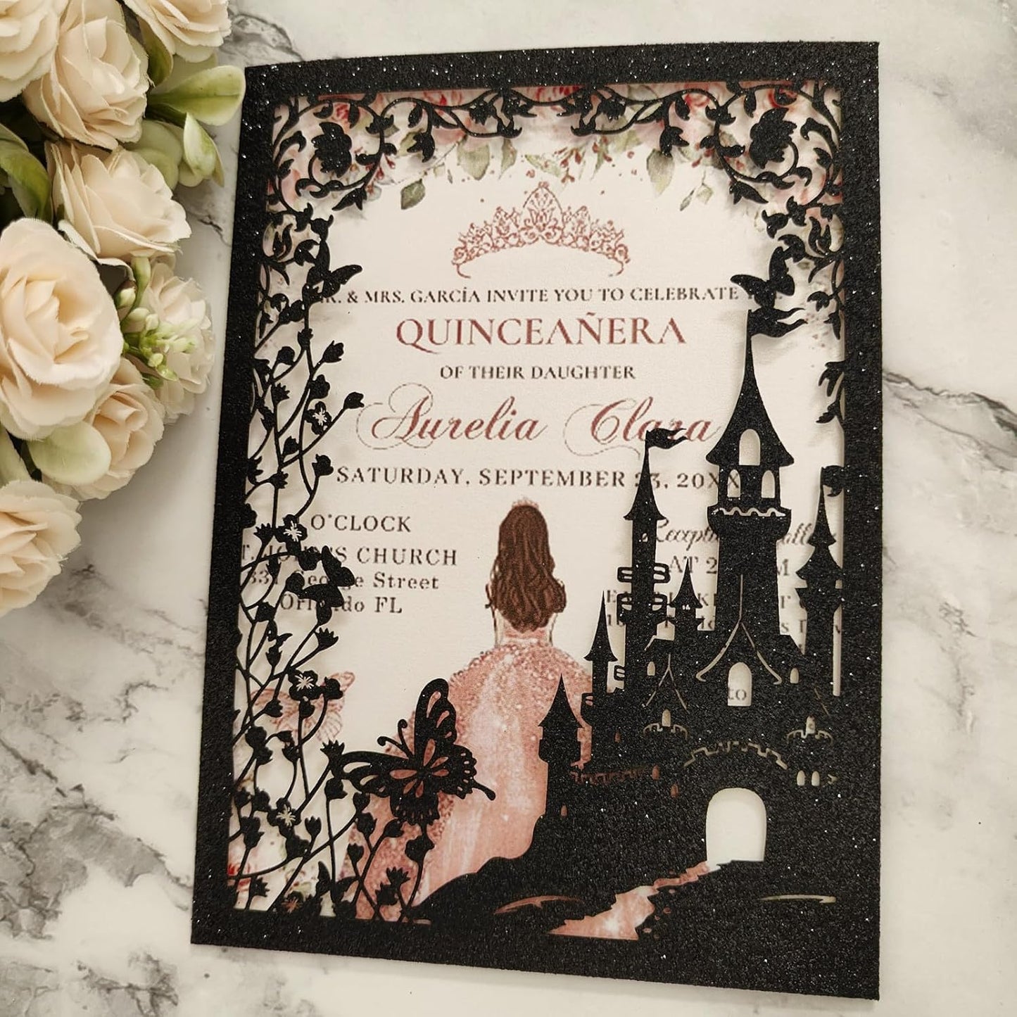 20PCS Castle Pocket Invitations, Quinceanera Invitations with Envelopes, Princess Invitation, Laser Cut quince invites (glitter black)