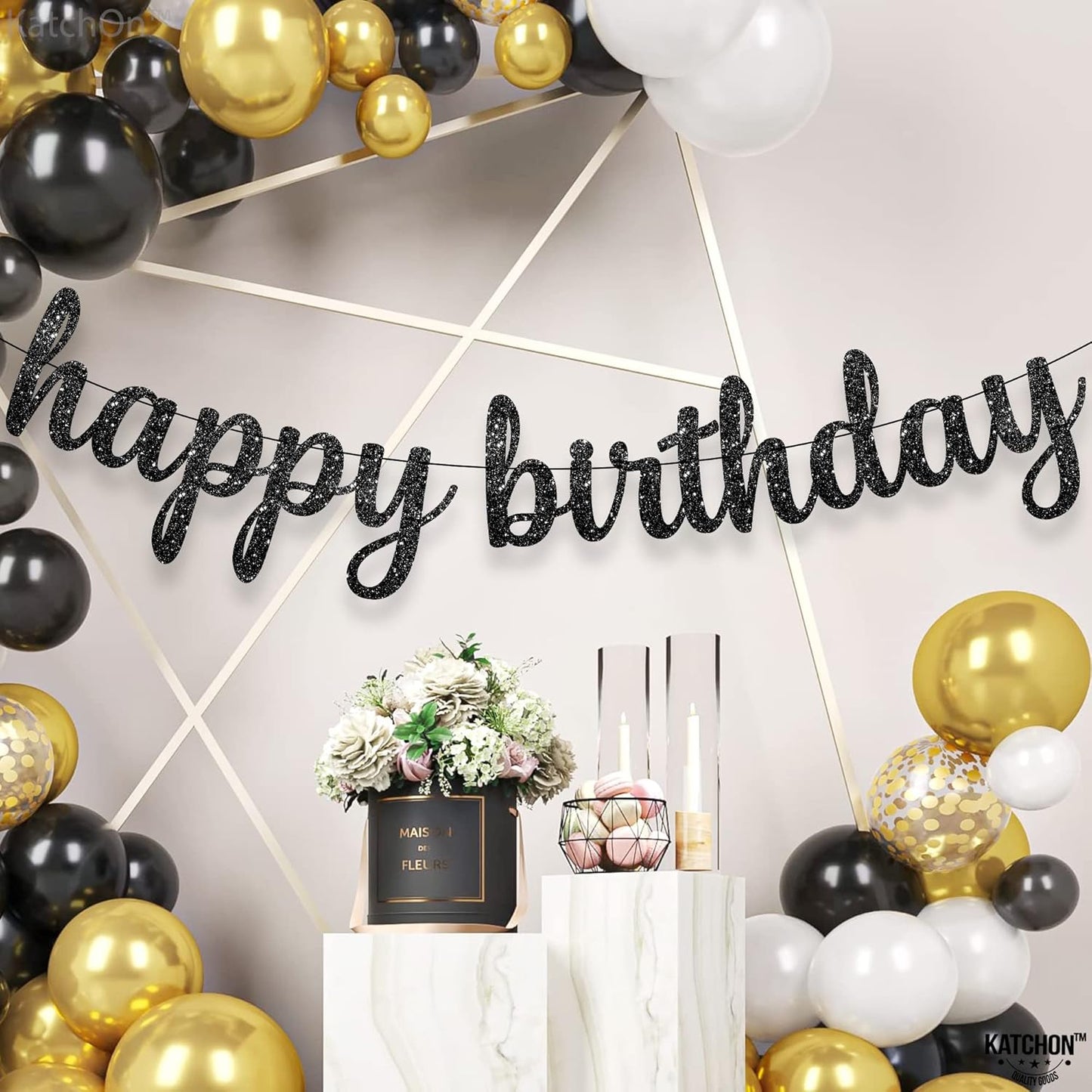 KatchOn, Glitter Cursive Black Happy Birthday Banner - Pre-Strung, 10 Feet | Happy Birthday Sign | Birthday Decorations for Women, Men, Boys and Girls | Halloween Birthday Party Decorations