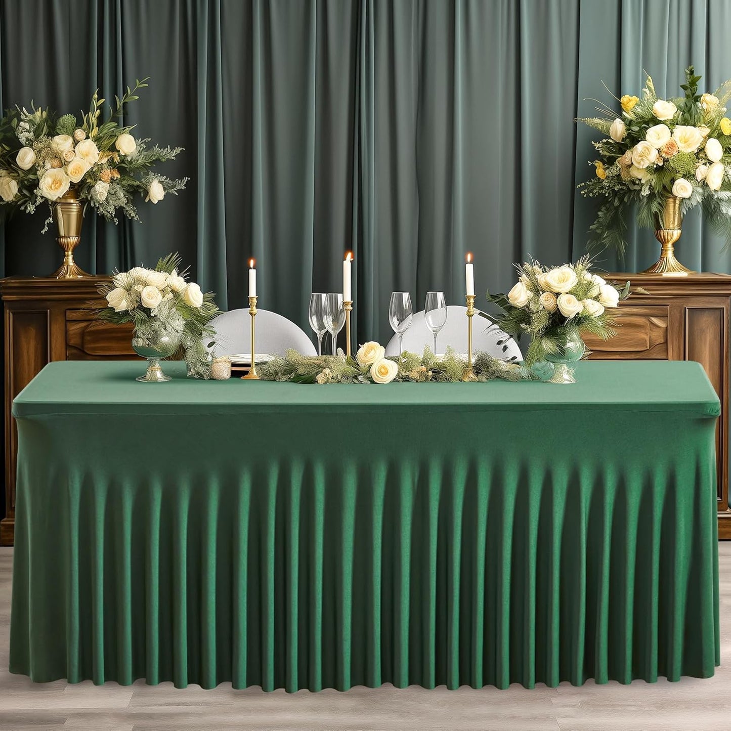 Wish Care 6 Pack Hunter Green Stretch Spandex Table Clothes for 8 Foot Rectangle Tables, 8FT Wrinkle Free Fitted Tablecloths Ruffles Design Table Cover for Party, Banquet, Wedding and Events