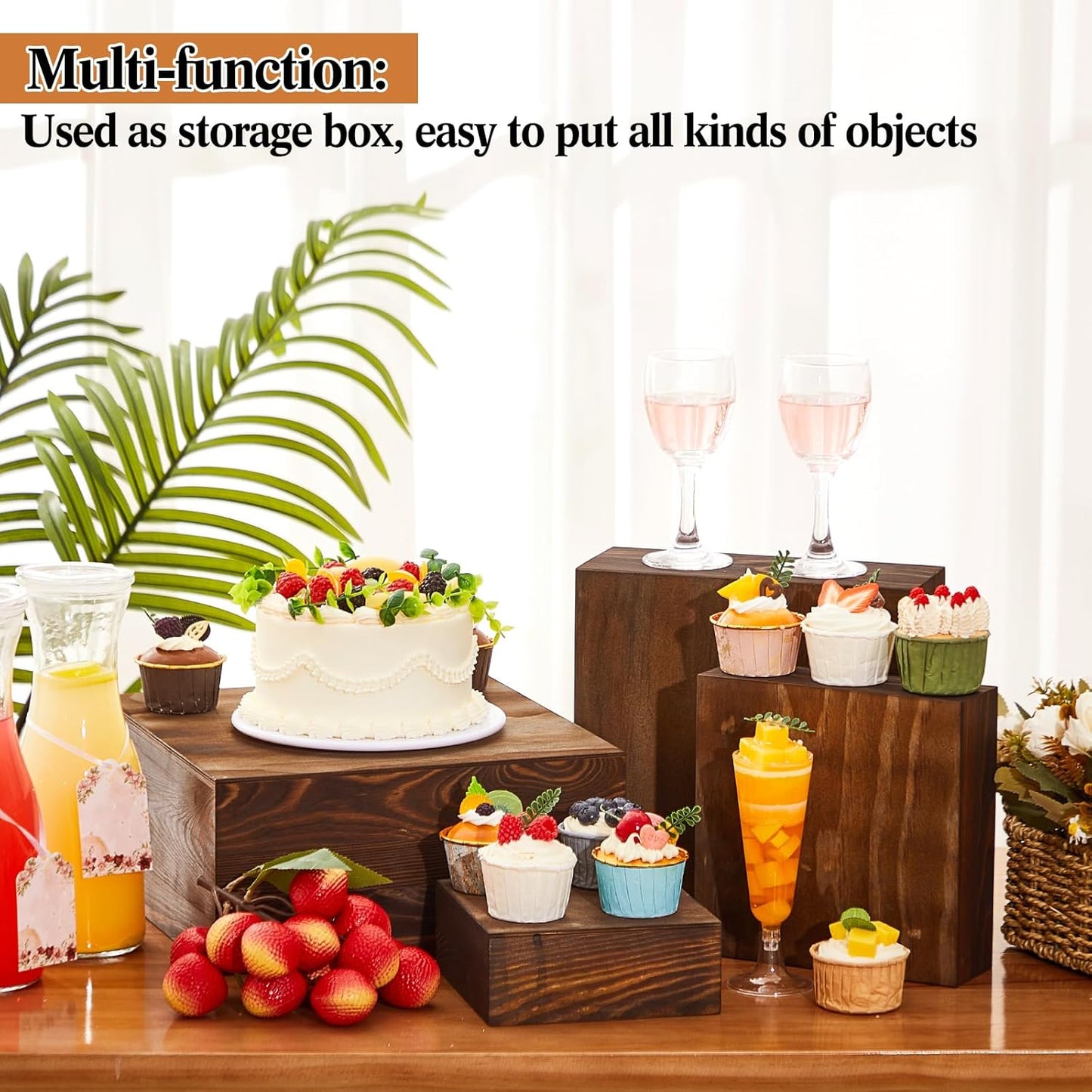 Roowest Set of 4 Wood Display Risers Rustic Cupcake Stand Rustic Wood Cake Stands Wooden Stackable Display Box for Dessert Wedding Birthday Christmas Village Party Decoration(Black Brown)