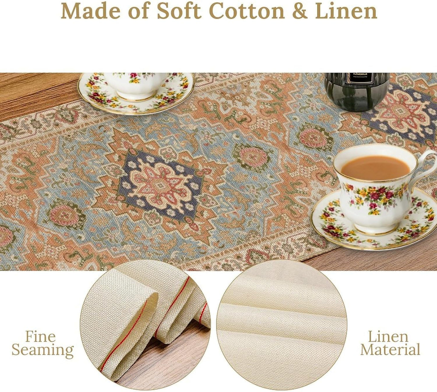 Vintage Boho Floral Table Runner, Rustic Country Farmhouse Grey Blue Orange Bohemia Flower Pattern for Home Kitchen Table Decor Dining Coffee Room Party Decor 13x72in