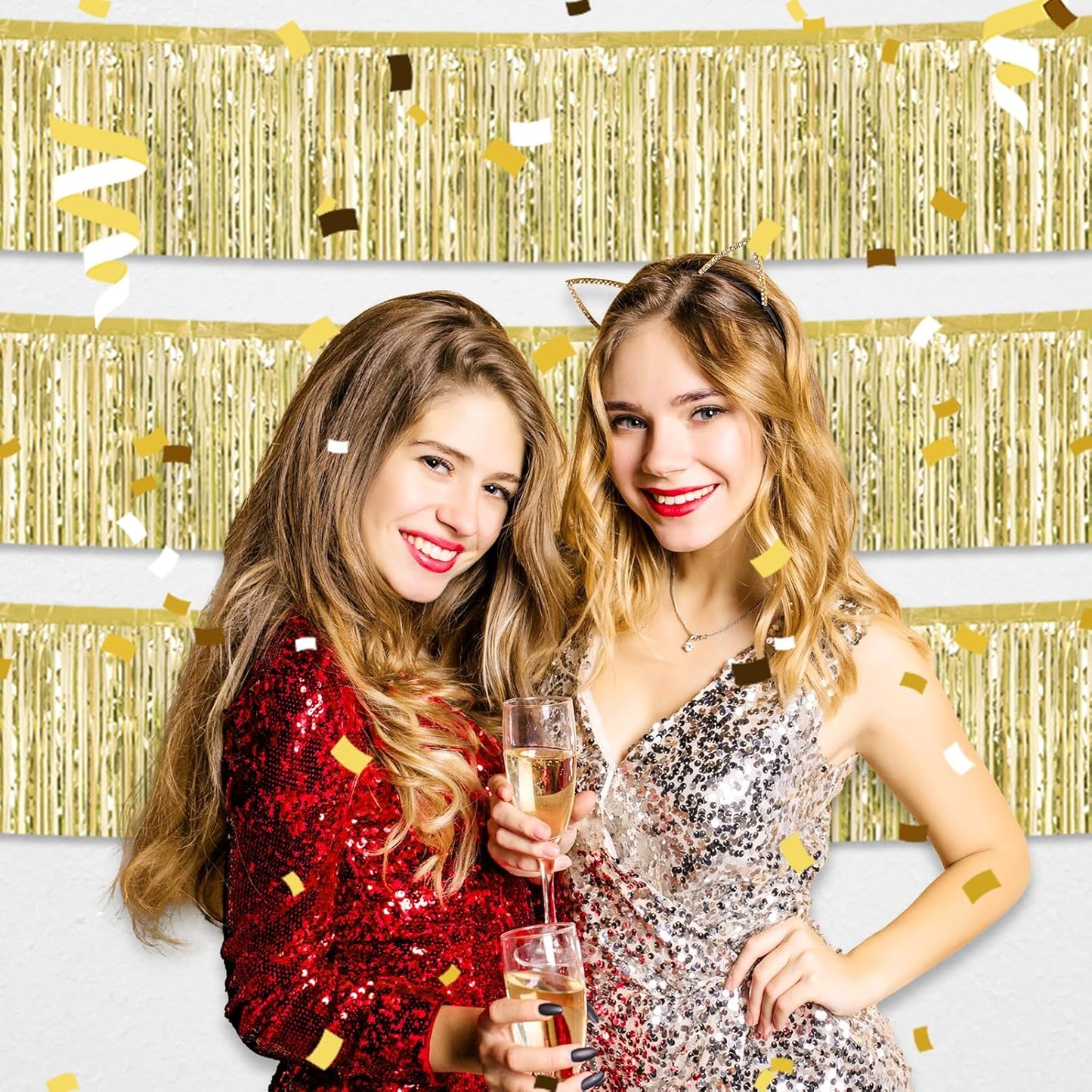 4 Pack 10 Feet Light Gold Foil Fringe Garland Metallic Tinsel Streamers Banner Wall Hanging Curtain Backdrop for Parade Floats, Wedding, Graduate, Mother's Day, Birthday Party Decoration