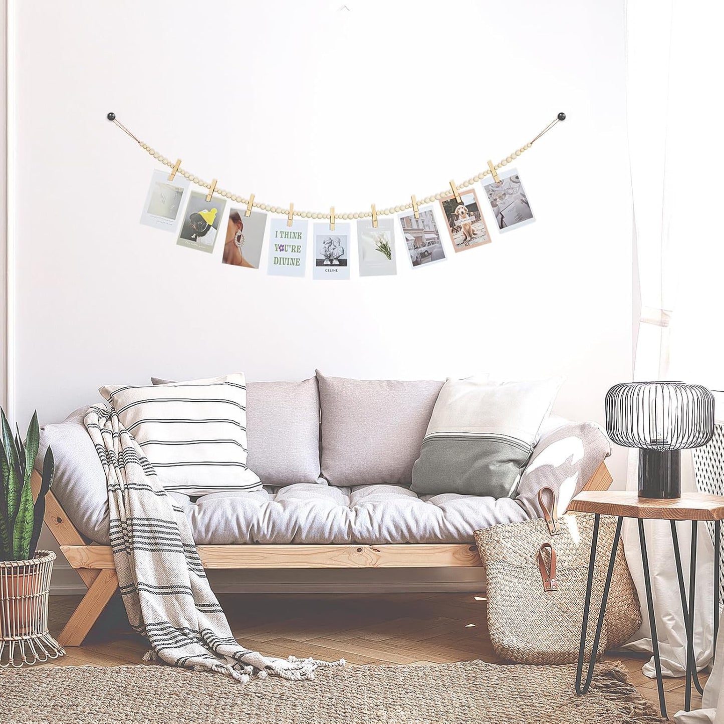 Hanging Photo Display Wall Decor, Boho Wooden Bead Garland Collage Picture Frame with 9 Wood Clips for Bedroom, Living Room, Office, Dorm Decor, Photos Holder Christmas Cards Teen Girl Gifts