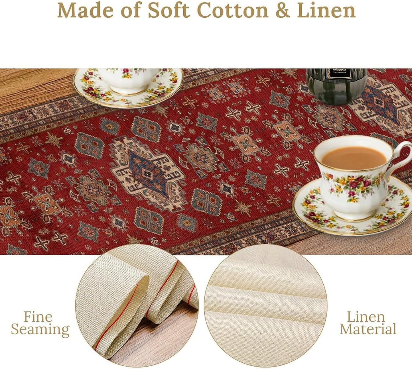 Boho Floral Vintage Table Runner, Retro Red Brown Flower Rustic Country Farmhouse Abstract Pattern for Home Kitchen Table Decor Dining Coffee Room Party Decor 13x120in