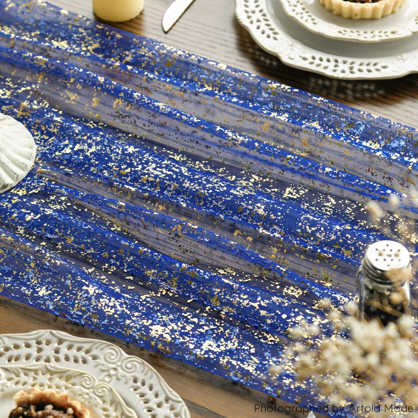 Artoid Mode Blue Gold Gauze Table Runner 120 Inch 10FT, Glitter Metallic Foil Sheer Dining Wedding Anniversary Holiday Table Decor for Home Party