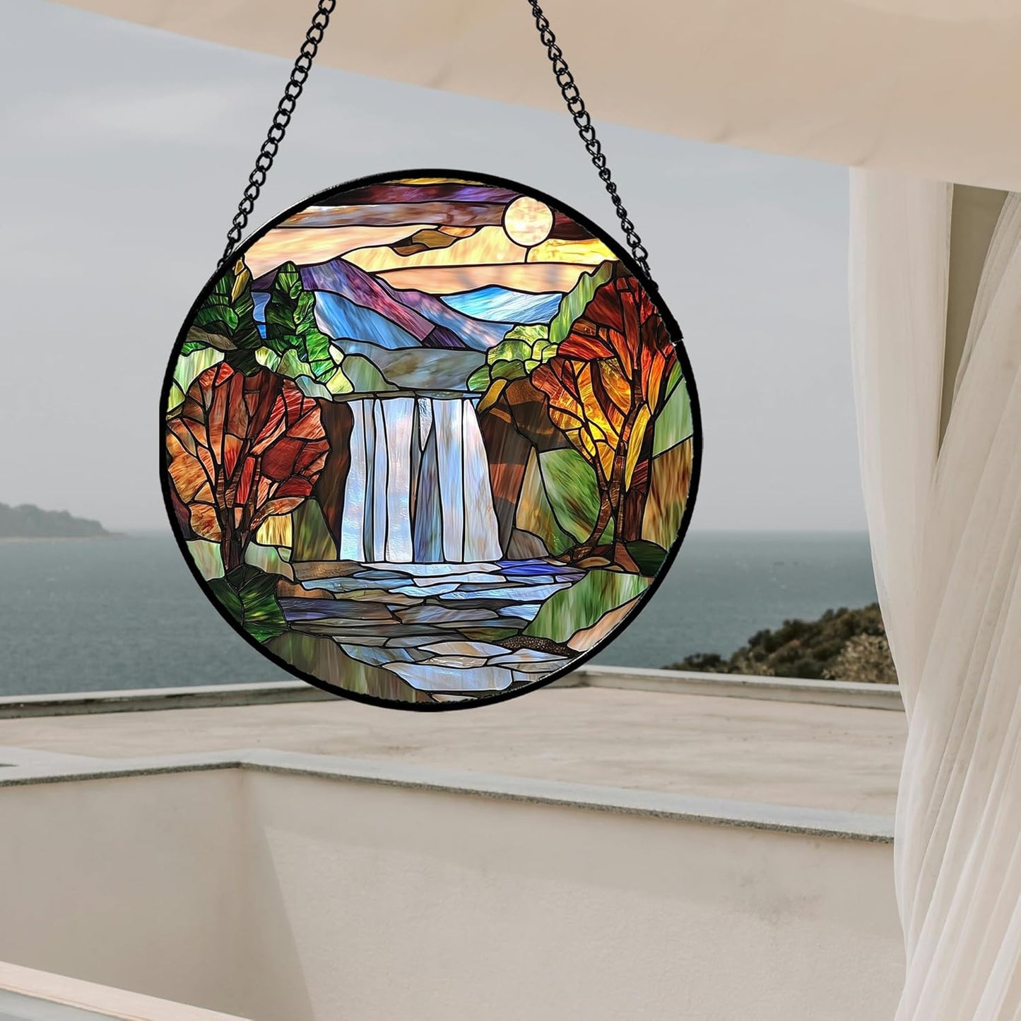 Stained Glass Window Hanging, Abstract Landscape Waterfall Mountains Trees Suncatcher for Doors Window Home Sun Catchers Decor Mother's Day Birthday Gifts for Women Men Mom 7.8 in
