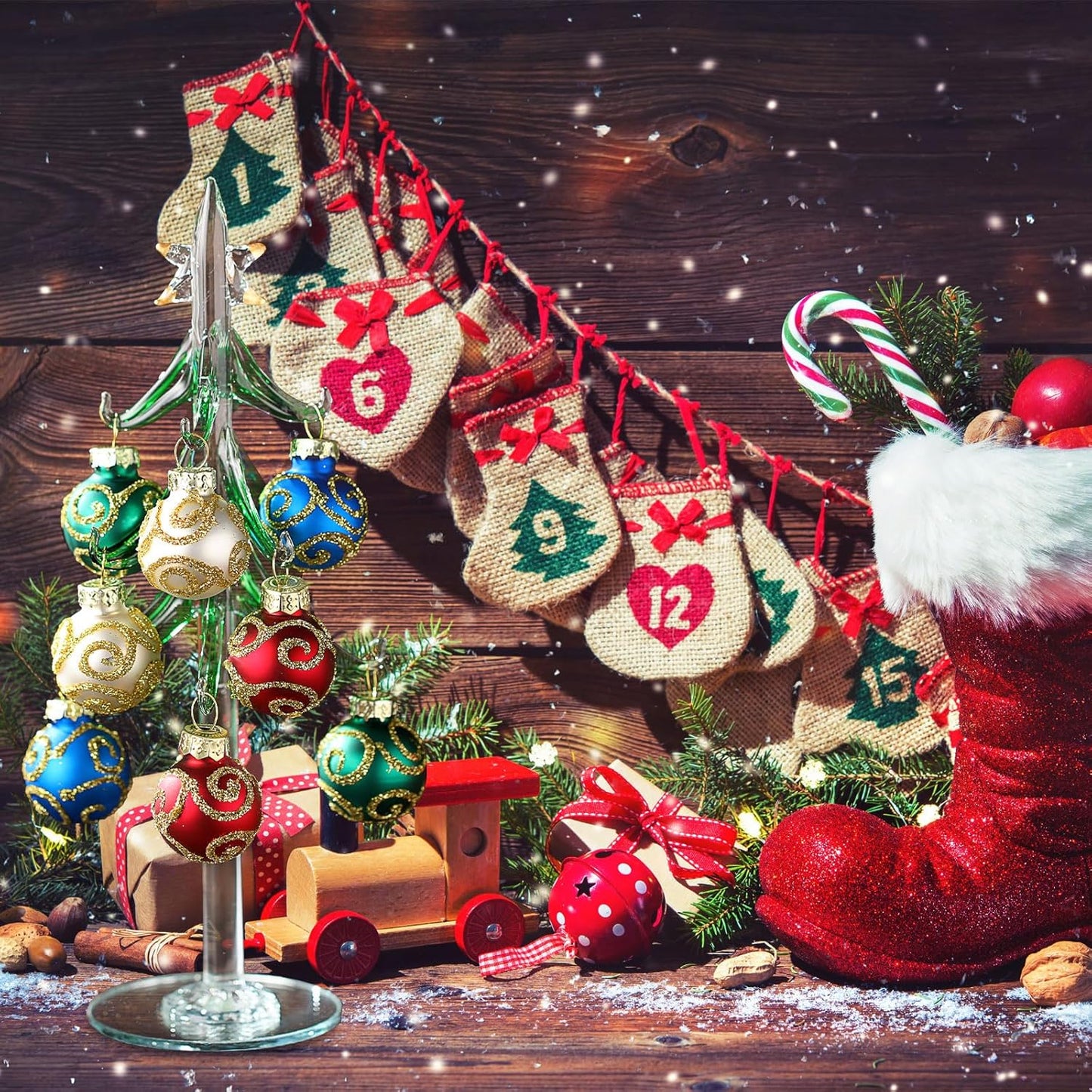 Glass Christmas Tree with 12 Ornament Glitter Balls Tabletop Wine Glass Charms Miniature Christmas Tree Gift for Xmas Holiday Party Novelty Season Home Decor, 7.7 Inch