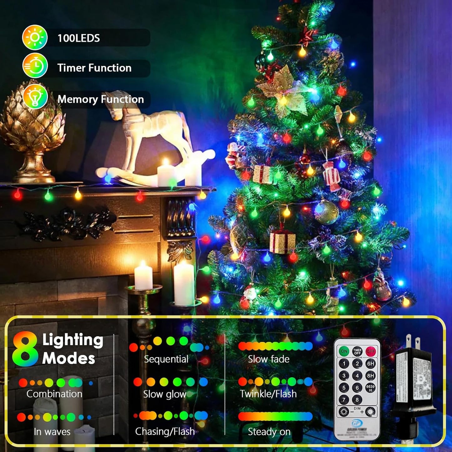LORRYTE Connectable 100LED Christmas Lights Outdoor Indoor - 43FT Multicolor Globe String Lights with Remote, 8 Modes Plug in Fairy Light Waterproof for Christmas Decorations Bedroom Decor