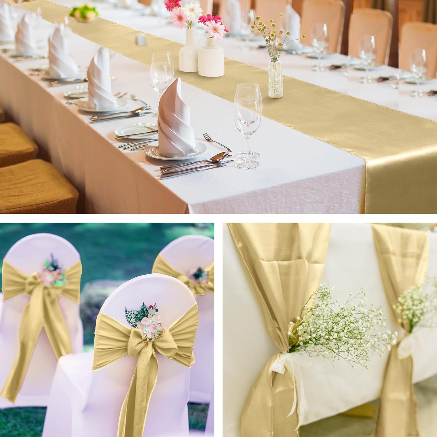 Aneco 16 Pack Satin Table Runner 12 x 108 Inch Champagne Long Wedding Satin Silk Table Runner for Wedding Banquet Graduations Birthday Party Decoration