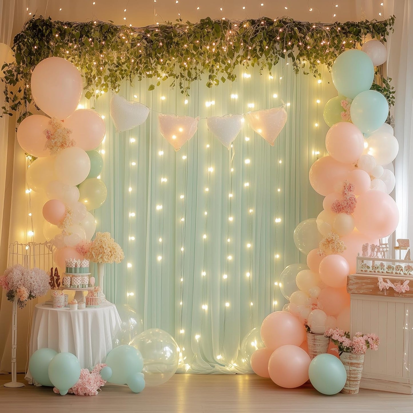 Tulle Backdrop Curtain with Lights String 10FT X 8FT Sage Green Sheer Tulle Backdrop Curtains for Wedding Birthday Party Reception Photo Booth Background Decorations (2 Panels 5x8FT)