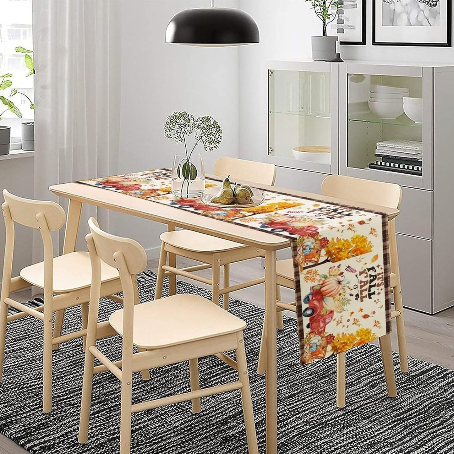 Fall Pumpkin Table Runner,Rustic Maple Yellow Leaf Trees Truncks Brown Plaid Tablecloth Burlap for Hotel Indoors Outdoor Dining Room Kitchen Home Decor,W13X L60 in