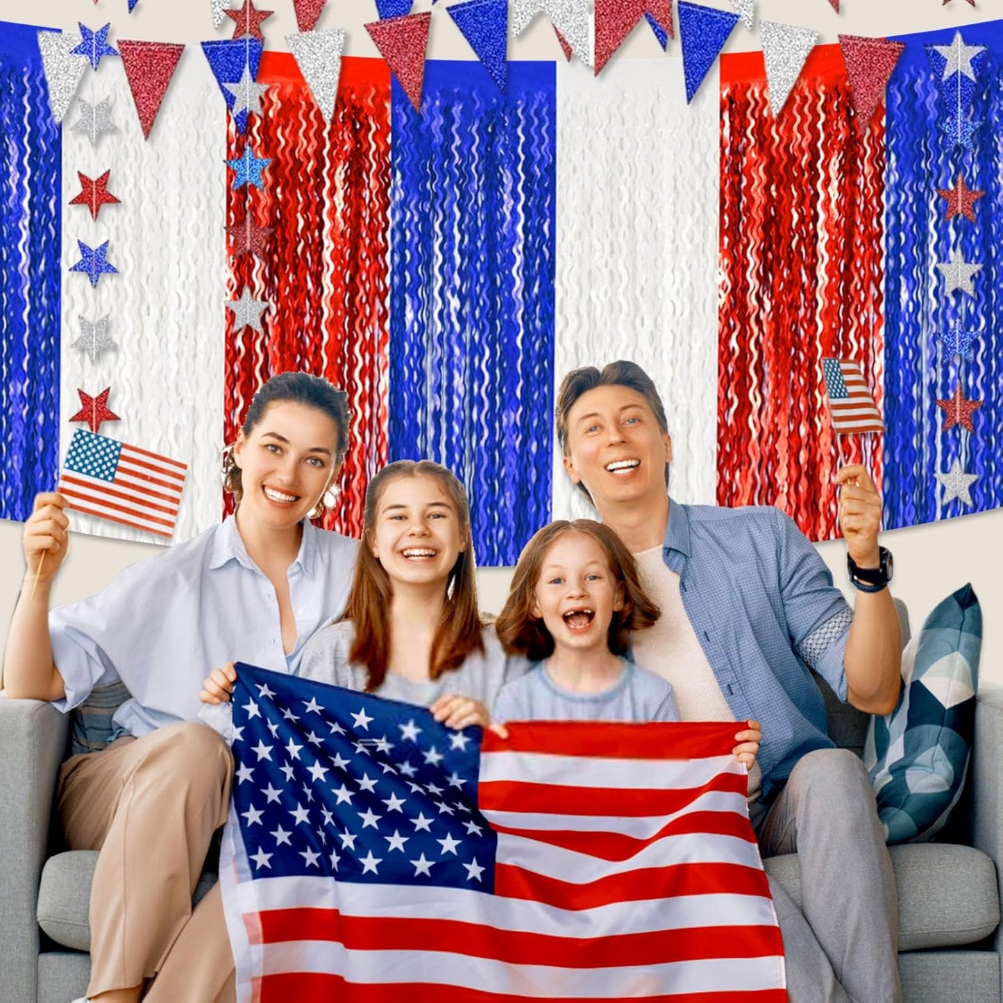 6 Pack 29x108 Inch White Blue Red Wave Foil Fringe Table Skirts Metallic Banner for Tinsel Streamer Garland Backdrop for Parade Floats Wedding, Mother's Day, Birthday Mardi Gras Party Decorations