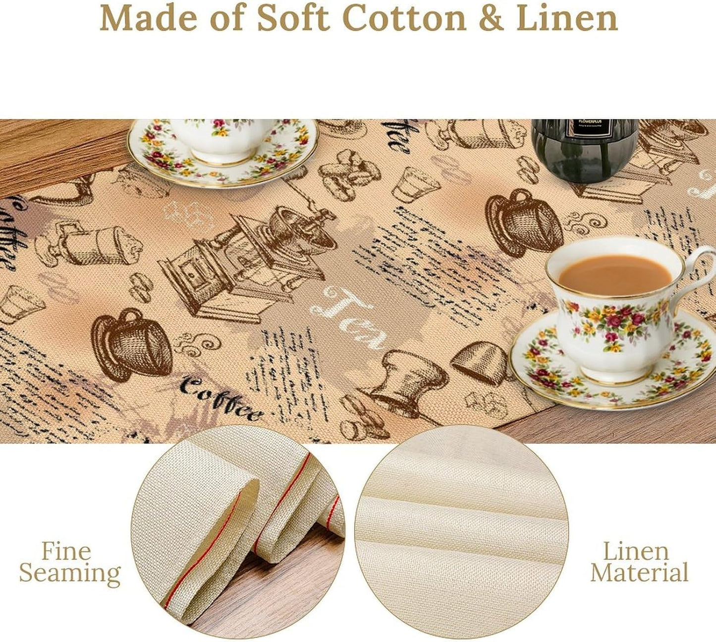 Coffee Theme Table Runner, Rustic Farmhouse Coffee Cup Tea Party Cafe Table Center Decor for Home Kitchen Dining Patio Holiday Party Indoor Outdoor Table Decorations,13"x36" Inch