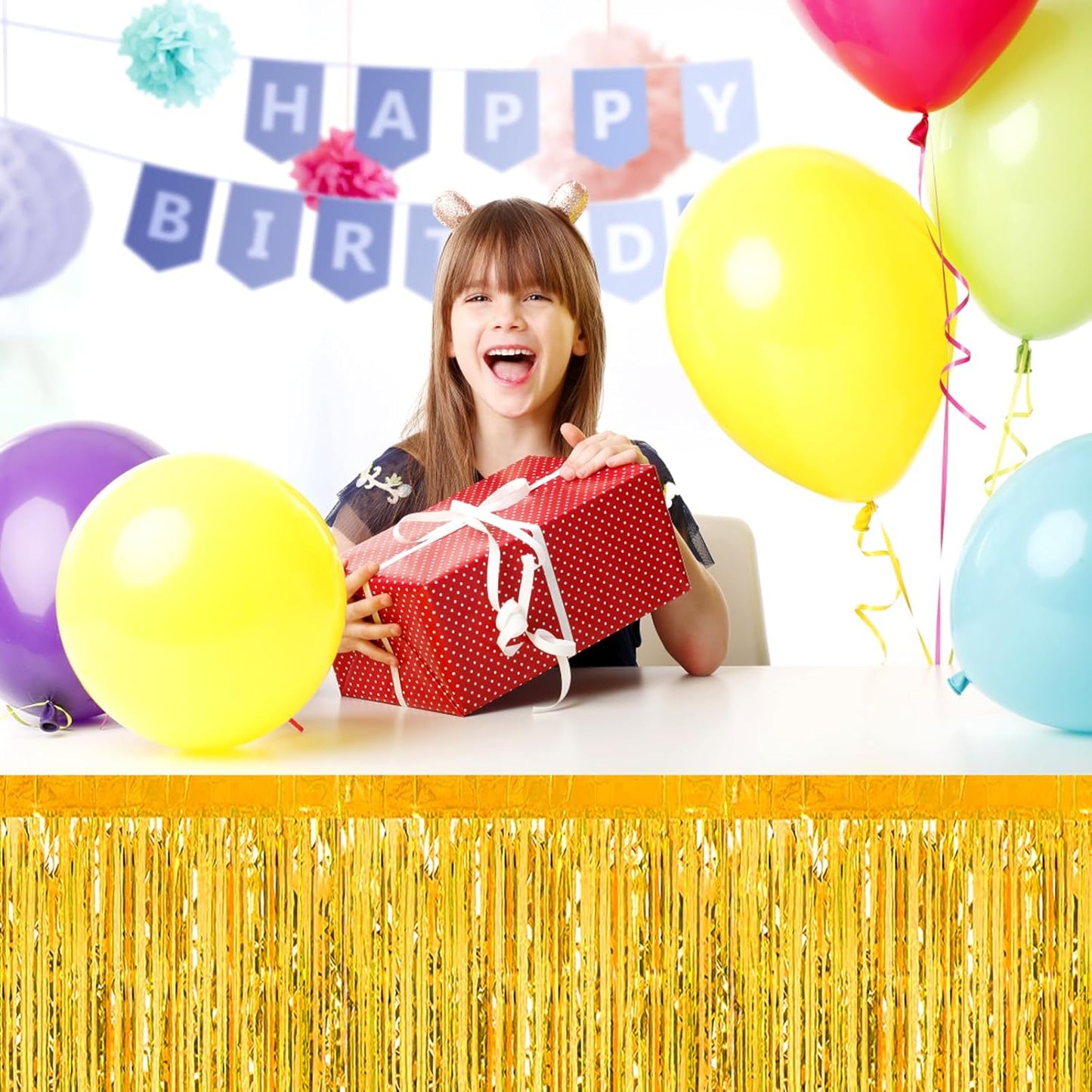 3 Pack 29x108 Inch Gold Foil Fringe Table Skirts Metallic Banner for Tinsel Streamer Garland Backdrop for Parade Floats Wedding Thanksgiving Birthday Christmas Halloween Party Decoration