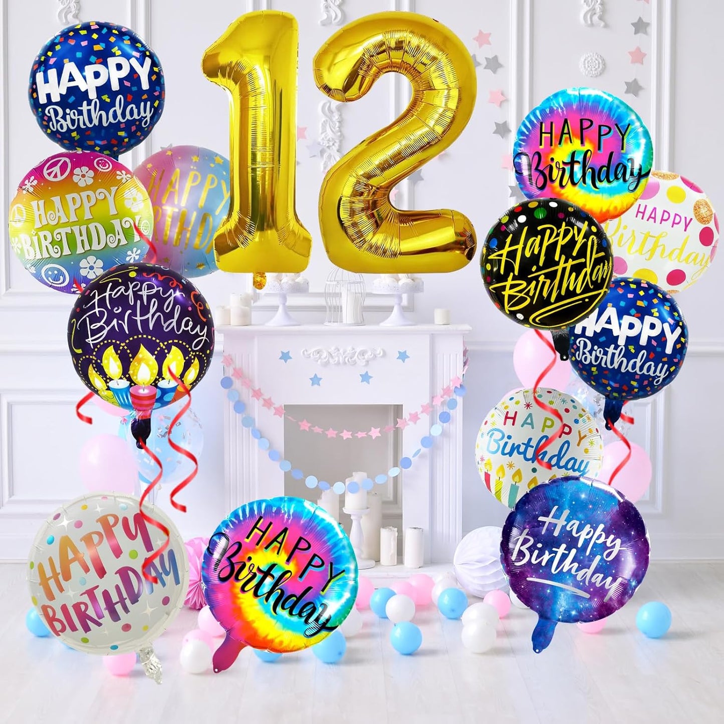 50 Pcs Happy Birthday Party Aluminum Foil Balloons and 12th Birthday Balloons, 18 Inch Round Aluminum Foil Balloon with" Happy Birthday" Sign, Birthday Party Decorations for Boys/Girls (Yellow, 12)