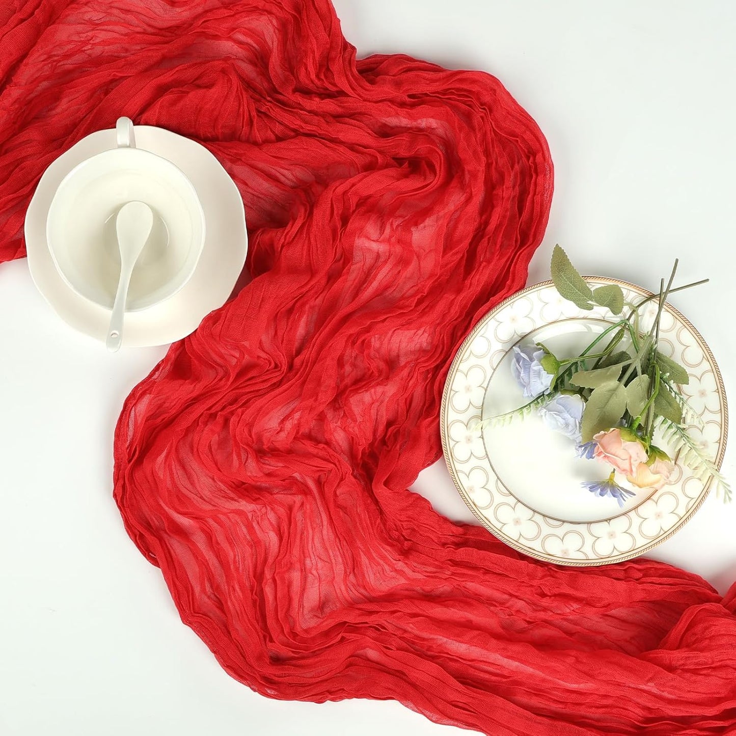 6 Pack Red Cheesecloth Fall Table Runner 10ft Boho Gauze Fabric Cheese Cloth Thanksgiving Christmas Table Runner 35 x 120 Inch Rustic Sheer for Wedding Decor Bridal Shower Party Centerpiece Decoration