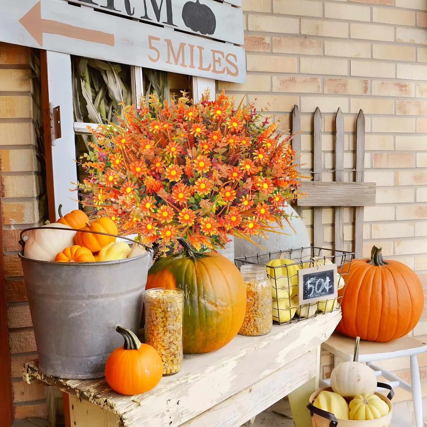 64 Pcs Outdoor Fall Flowers UV Resistant Faux Fall Plants with Fall Daisy Eucalyptus Lavender Artificial Autumn Flowers Greenery for Outside Home Porch Patio Thanksgiving Decoration