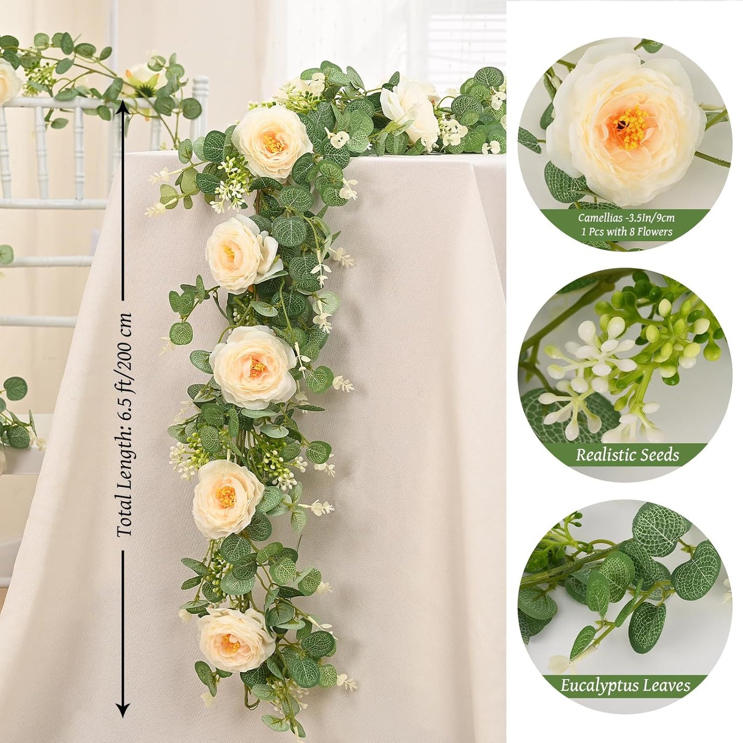 Dolicer 2Pcs 13Ft Artificial Eucalyptus Garlands with Flowers, Faux Floral Greenery Garlands Fake Flowers Vines for Wedding Centerpieces Arch Party Ceremony Backdrop Decor (Champagne)