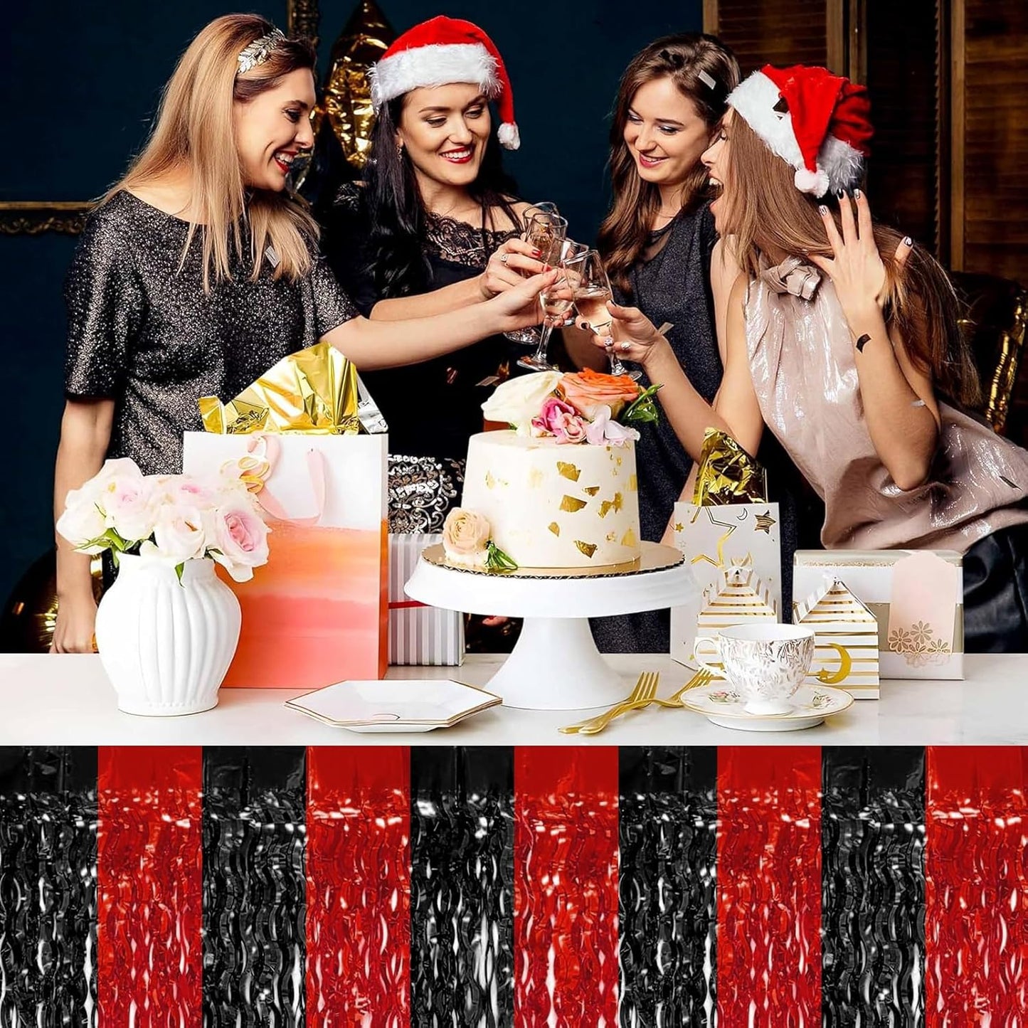 4P Wavy Metallic Tinsel Foil Fringe Table Skirts for Rectangle Tables Backdrop Garland Curtains for Parade Floats Wedding Birthday Parties Decoration Graduation 2025 Christmas (Black Red)