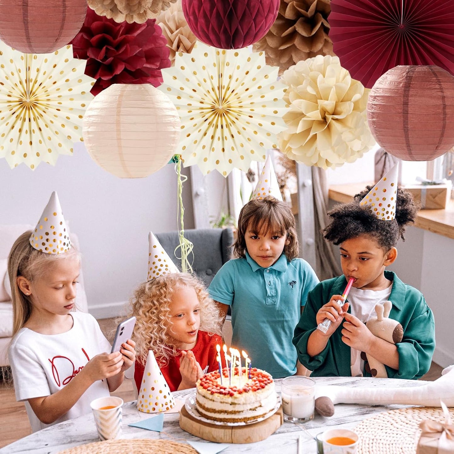 Brown Burgundy Champagne Dusty-Pink Party-Decorations - 33pcs Banner,Streamers Tassel Garland,Fall Boho Baby Shower,Wedding Tissue Pom Poms Honeycomb,Paper Lantern Fan,Birthday,Engagement Hugtmr