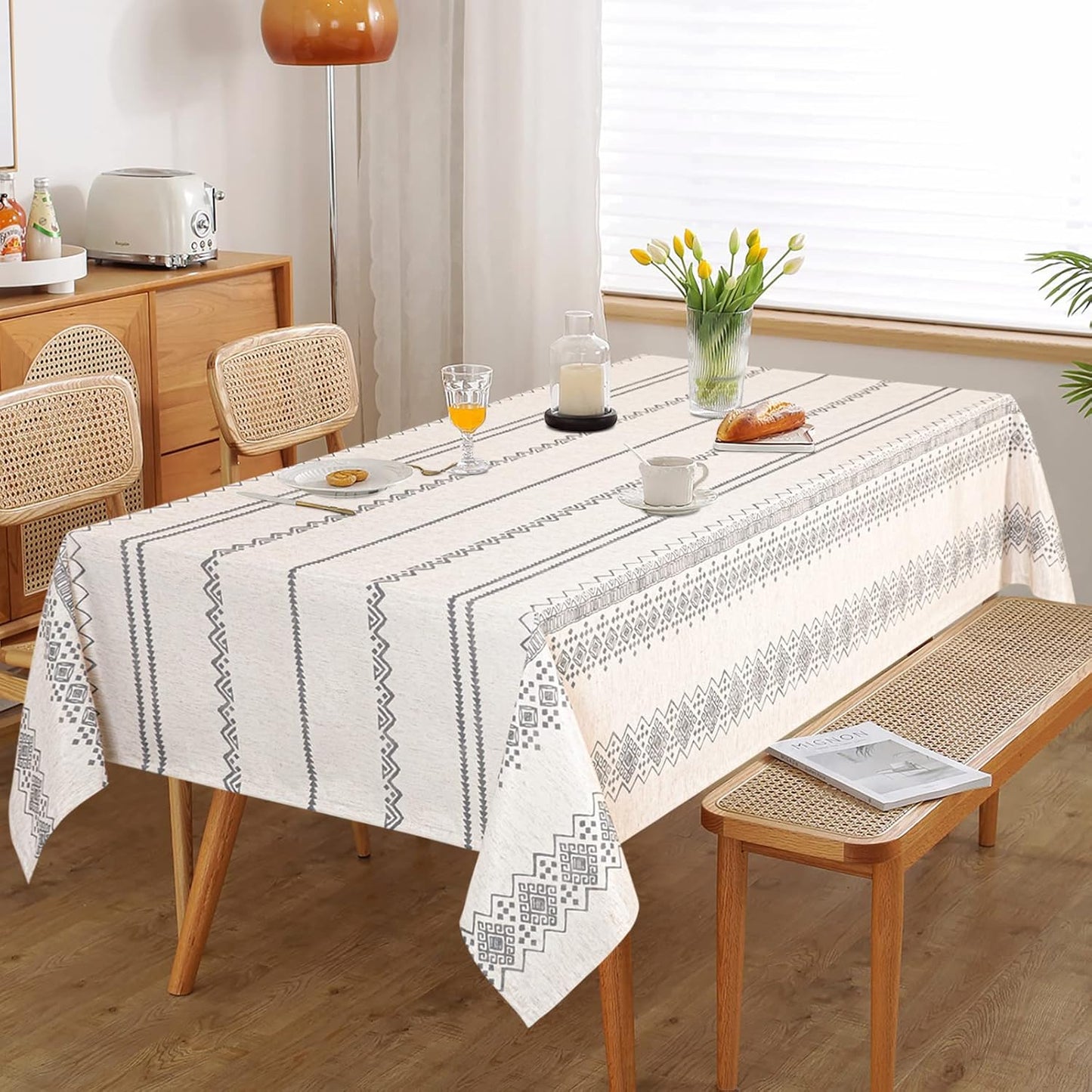 MYSKY HOME Boho Rectangle Tablecloth 60x120 Inches Linen Farmhouse Tablecloth Waterproof Decorative Fabric Table Cloth for Kitchen Dining Bohemian Tablecloth for 8 Feet Table, Grey Tablecloth