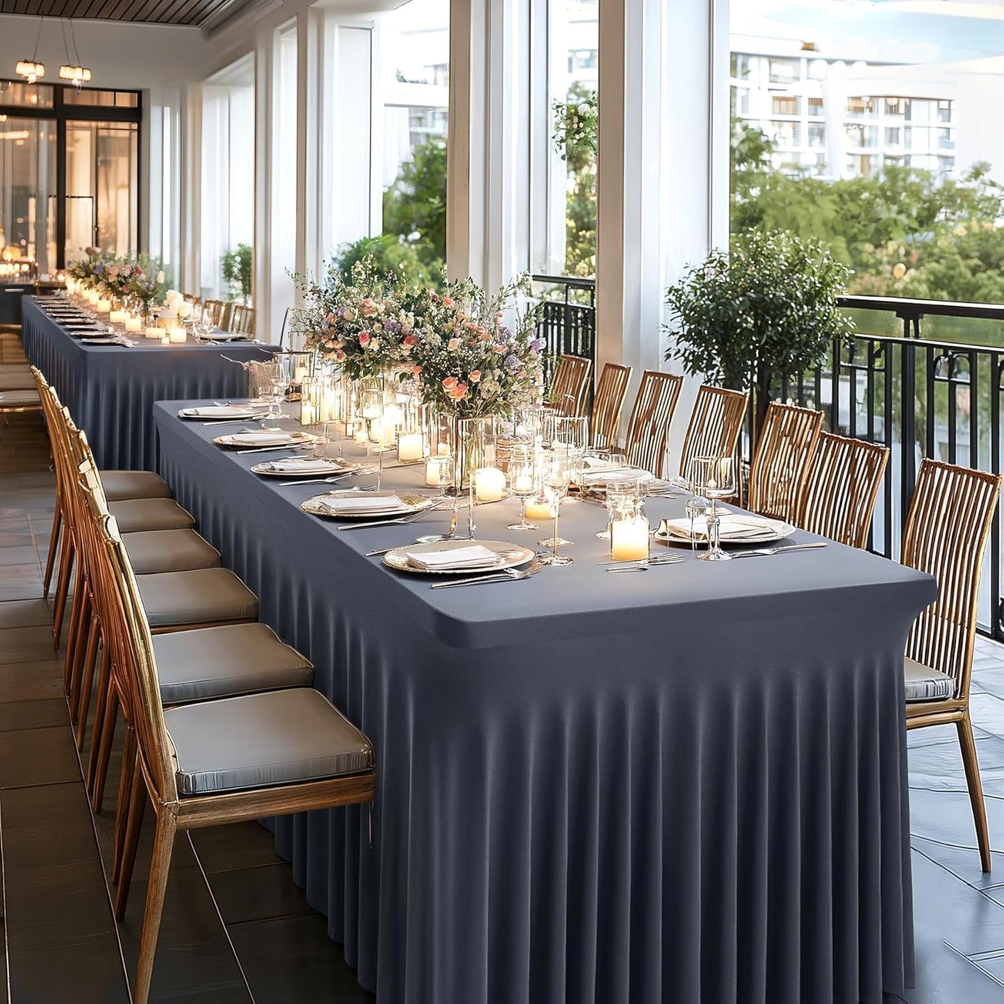 Wish Care 6 Pack Gray Spandex Table Clothes for 6 Foot Rectangle Tables, 6FT Wrinkle Free Fitted Tablecloths Ruffles Design Table Cover for Party, Banquet, Wedding and Events