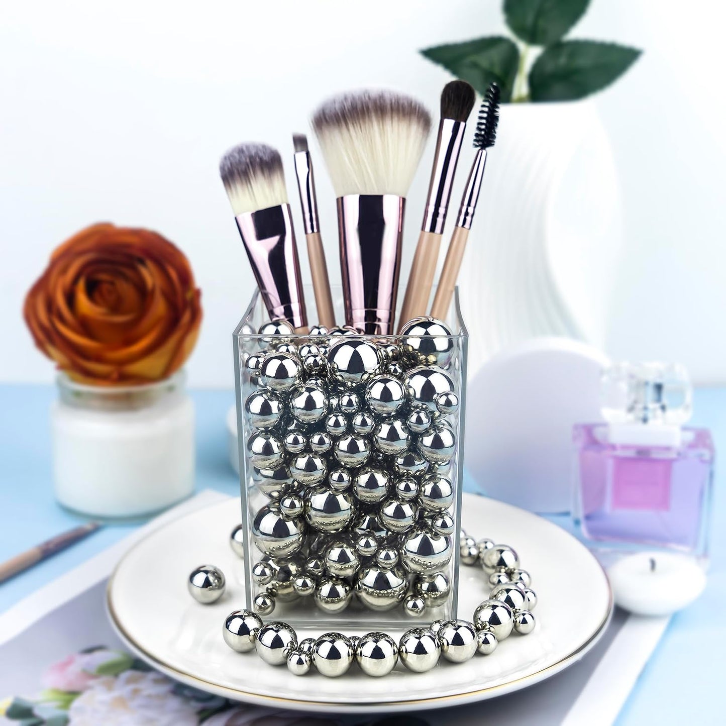 150Pcs Bright Silver Polished No Hole Faux Pearl Beads for Vase Filling Decorations, Plastic Pearls Vase Fillers, Table Scatters, Wedding Centerpiece, Home Decor, 8/14/20 mm