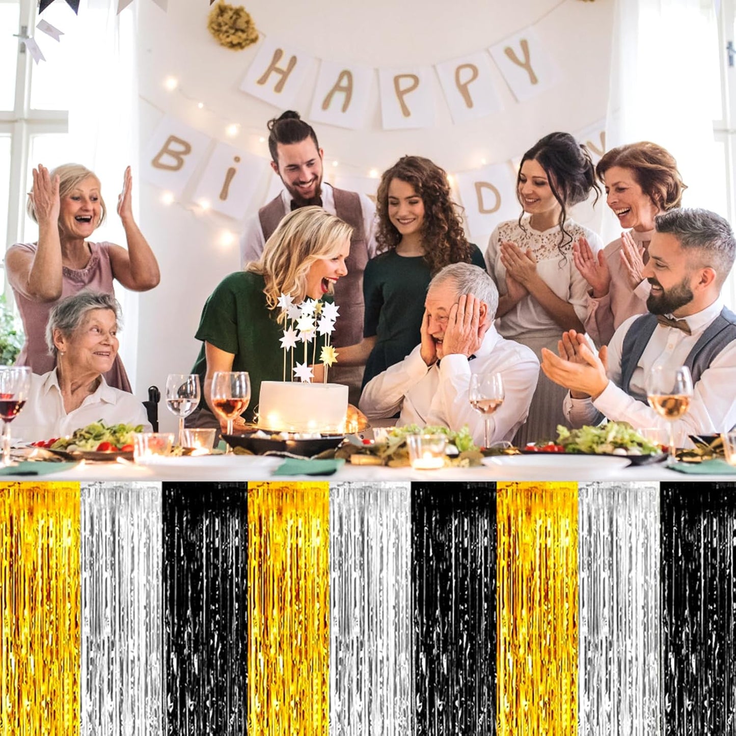 3 Pack 29 x108 Inch Black Gold Silver Foil Fringe Table Skirts Metallic Banner for Tinsel Streamer Garland Backdrop for Parade Floats Wedding Thanksgiving Birthday Christmas New Year Party Decoration