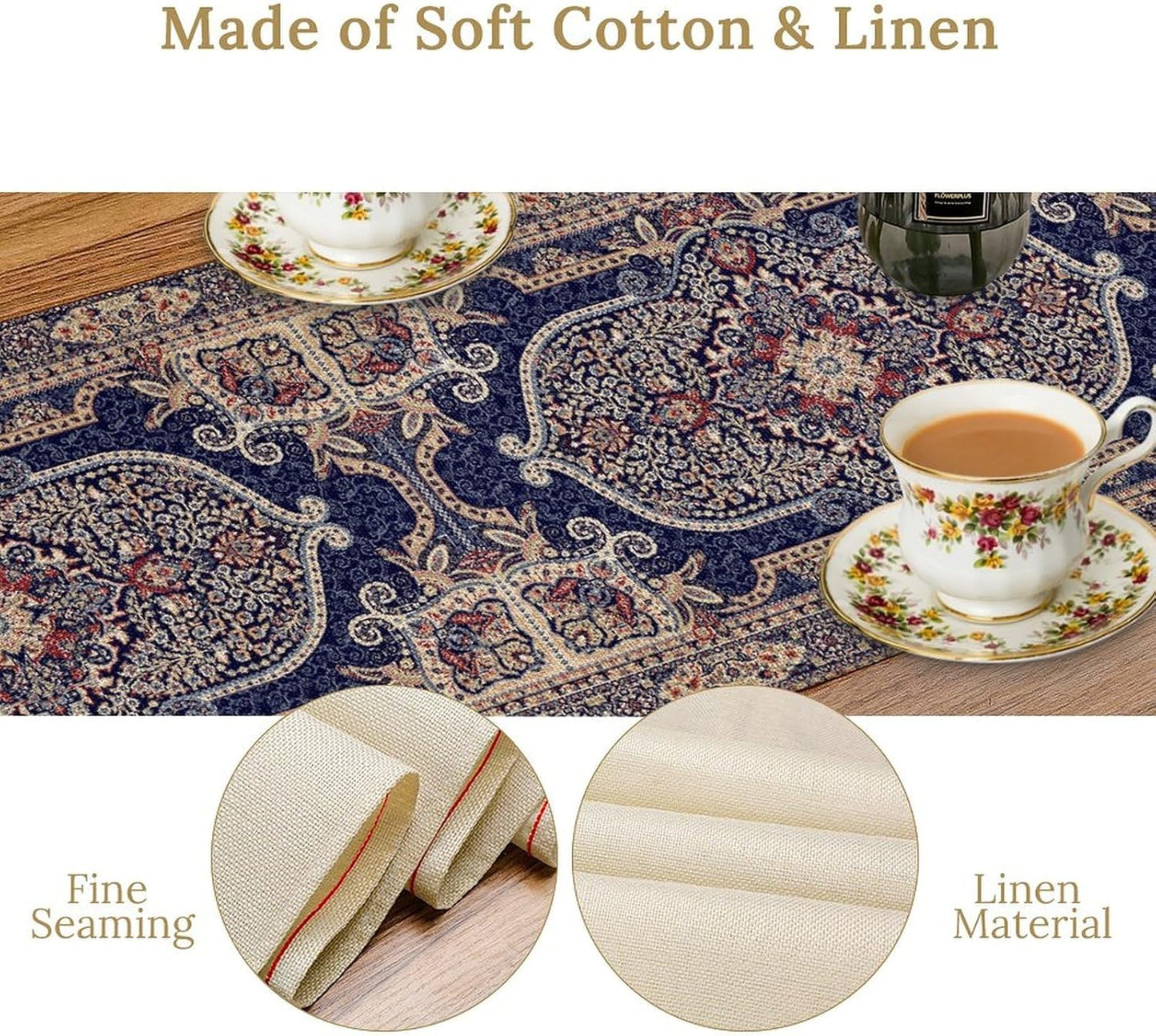 Boho Floral Vintage Table Runner, Blue Purple Retro Flower Rustic Country Farmhouse Pattern for Home Kitchen Table Decor Dining Coffee Room Party Decor 13x36in