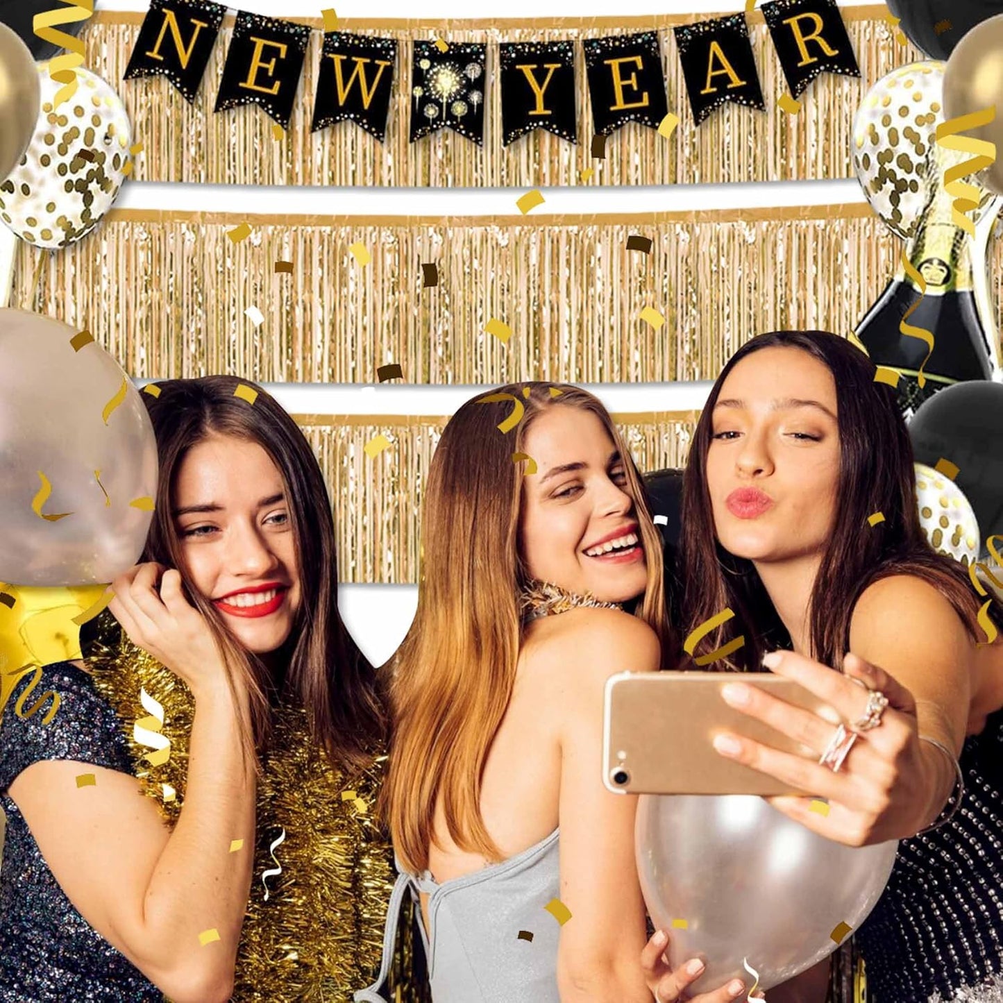 4 Pack 10 Ft Champagne Gold Foil Fringe Garland Metallic Streamers Tinsel Banner Wall Hanging Garland Backdrop for Parade Floats, Halloween, Christmas, Thanksgiving, New Year Party Decorations